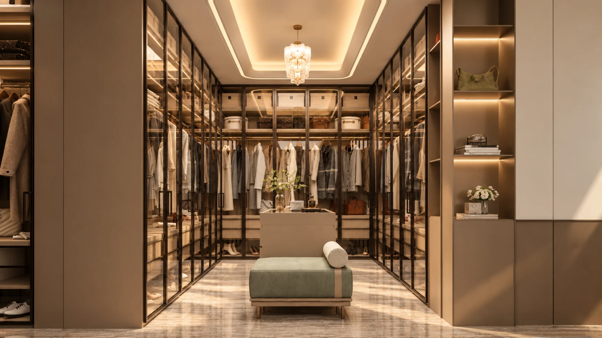 Walk-in dressing room with bespoke joinery and soft lighting, design visualisation by Tohfa