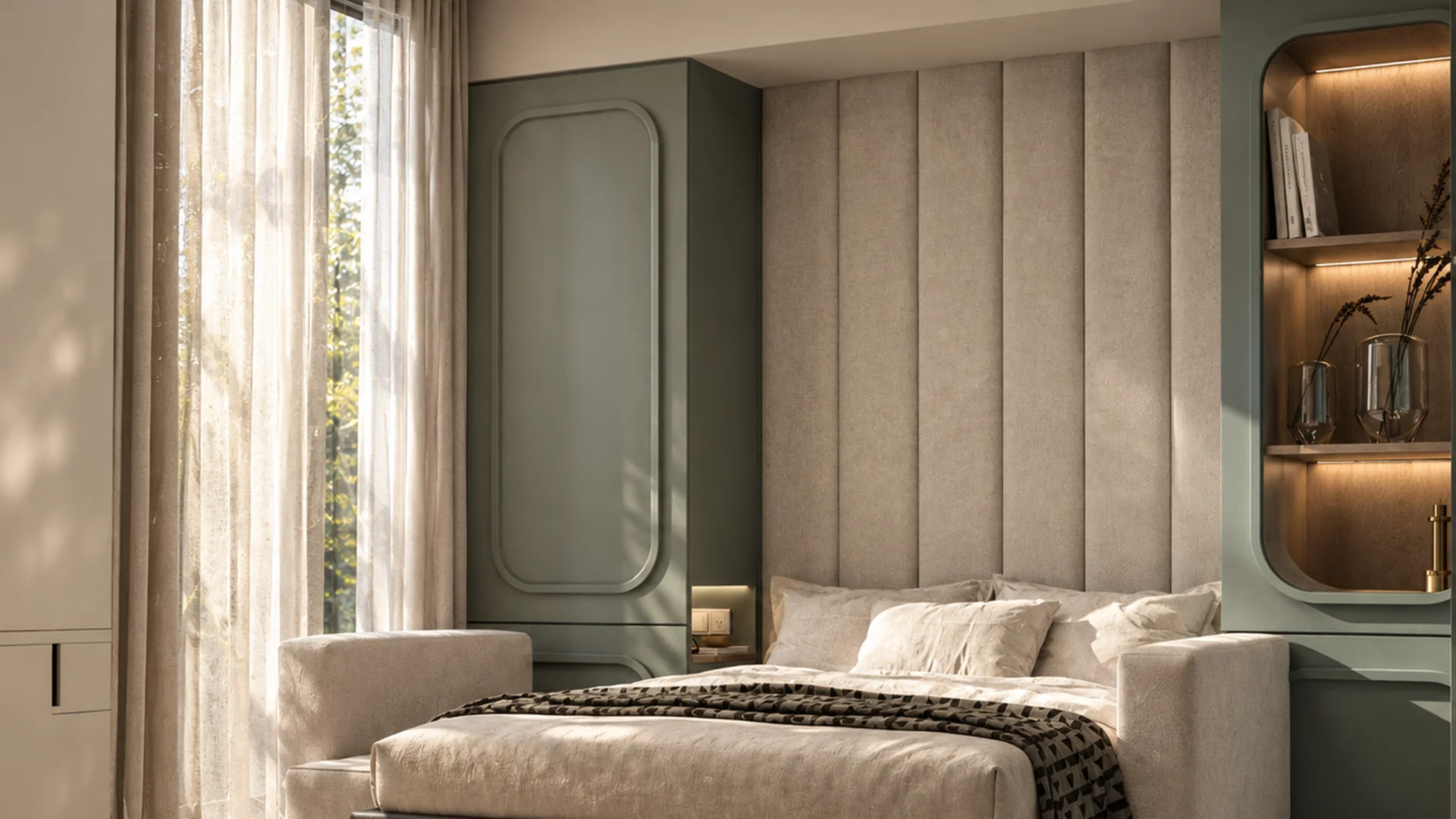 Master bedroom in a modern villa with a headboard wall and layered textiles, design visualisation by Tohfa