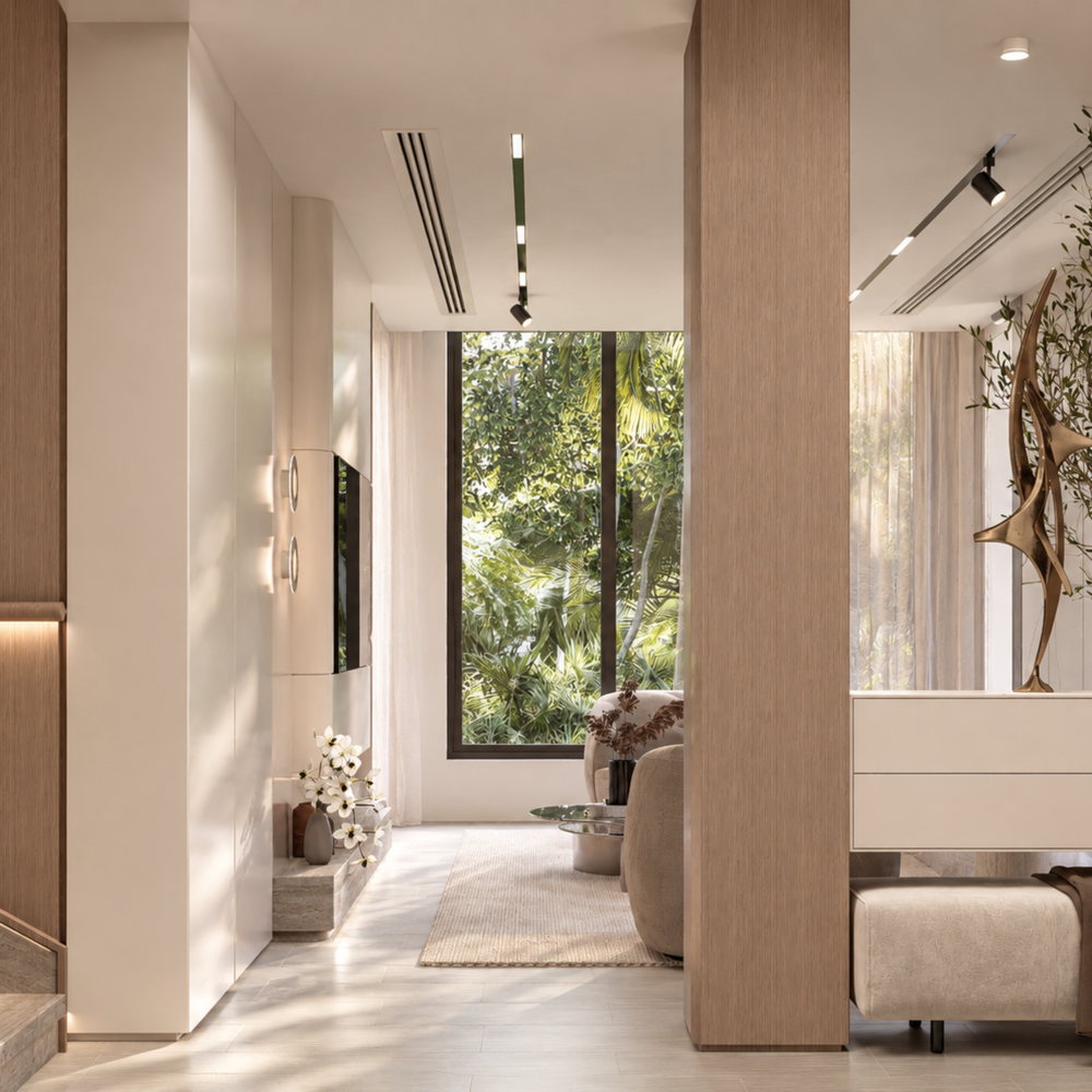 Villa interior in Dubai with an open living and dining plan, design visualisation by Tohfa