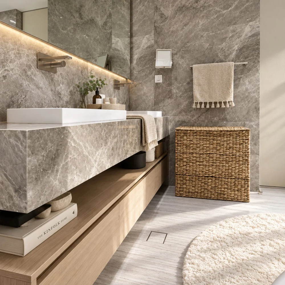 Grey stone vanity floating over oak drawers, with a lit mirror and a woven laundry basket, in an Al Furjan villa by Tohfa