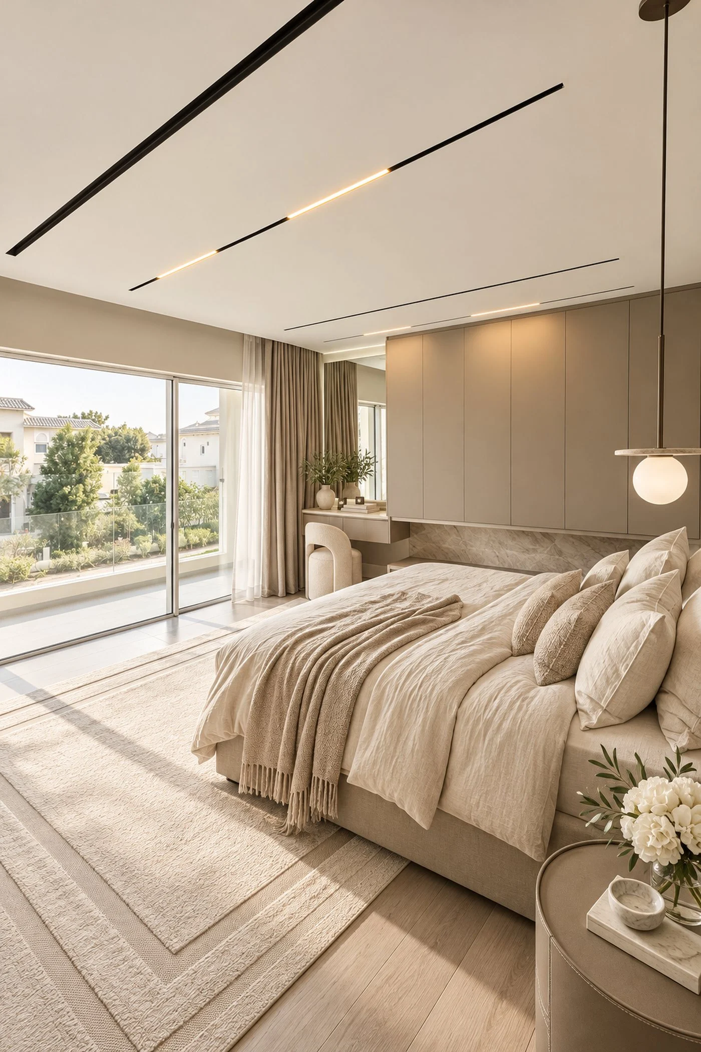 Bedroom opening onto a balcony, with a stone headboard wall, built-in wardrobes and a dressing counter in an Al Furjan villa by Tohfa