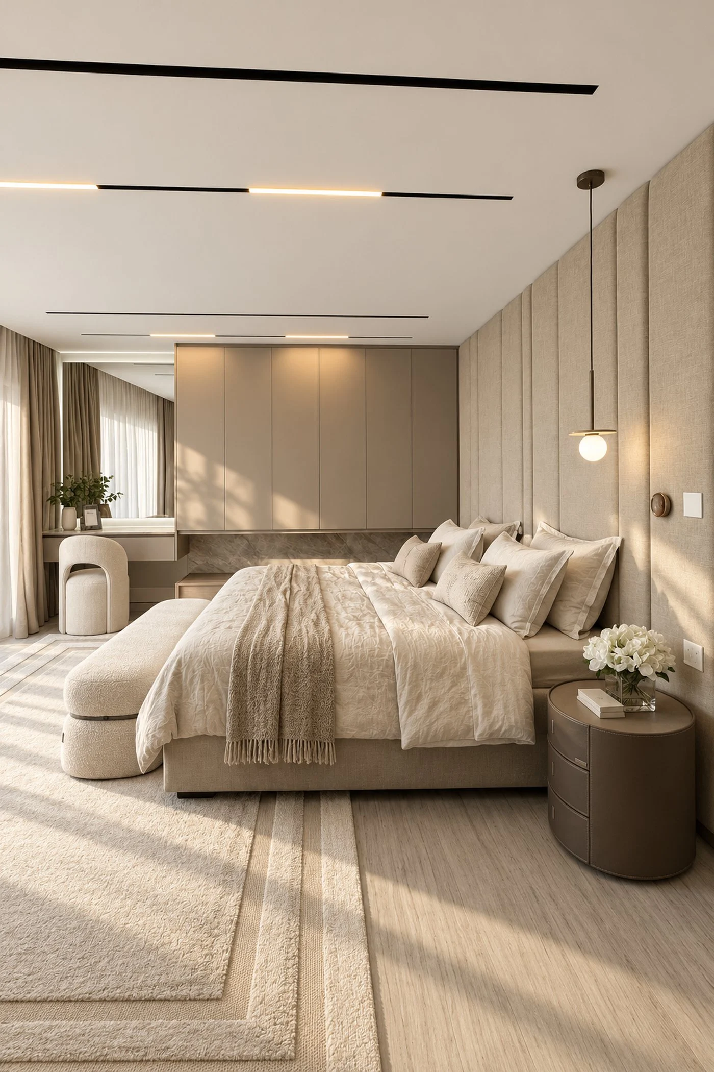 Bedroom with upholstered wall panels, a pendant light, built-in wardrobes and a dressing table in an Al Furjan villa by Tohfa