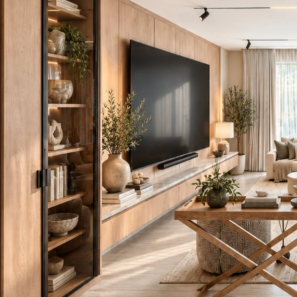 Slim glass-fronted display cabinet set into the oak media wall of an Al Furjan villa living room by Tohfa
