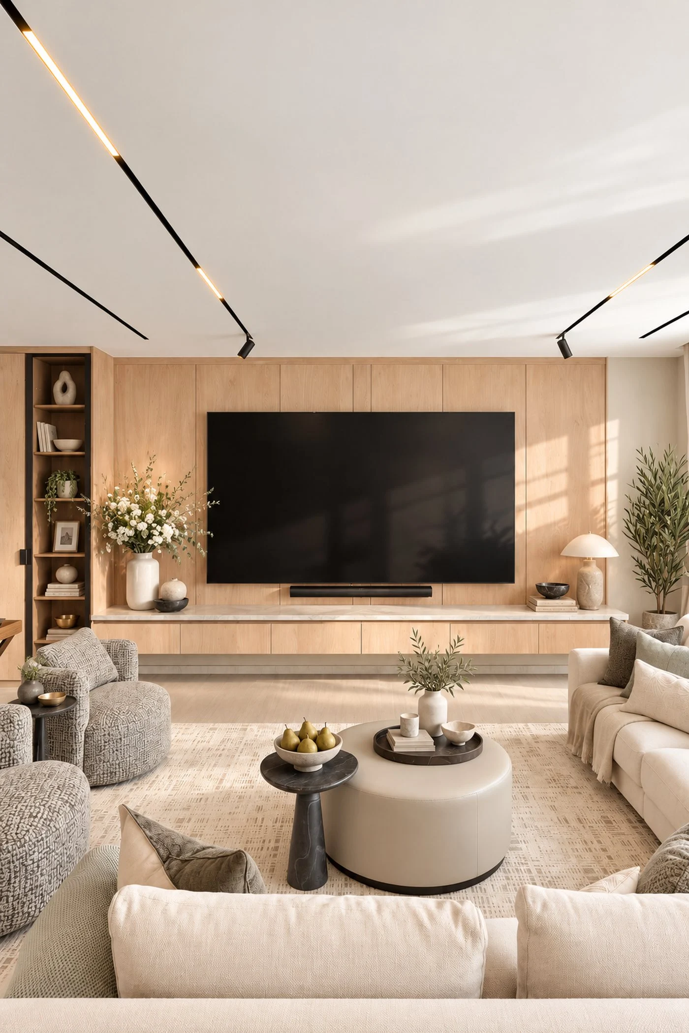 Oak media wall with a floating travertine shelf, a lit display cabinet and track lighting in the living room of an Al Furjan villa by Tohfa