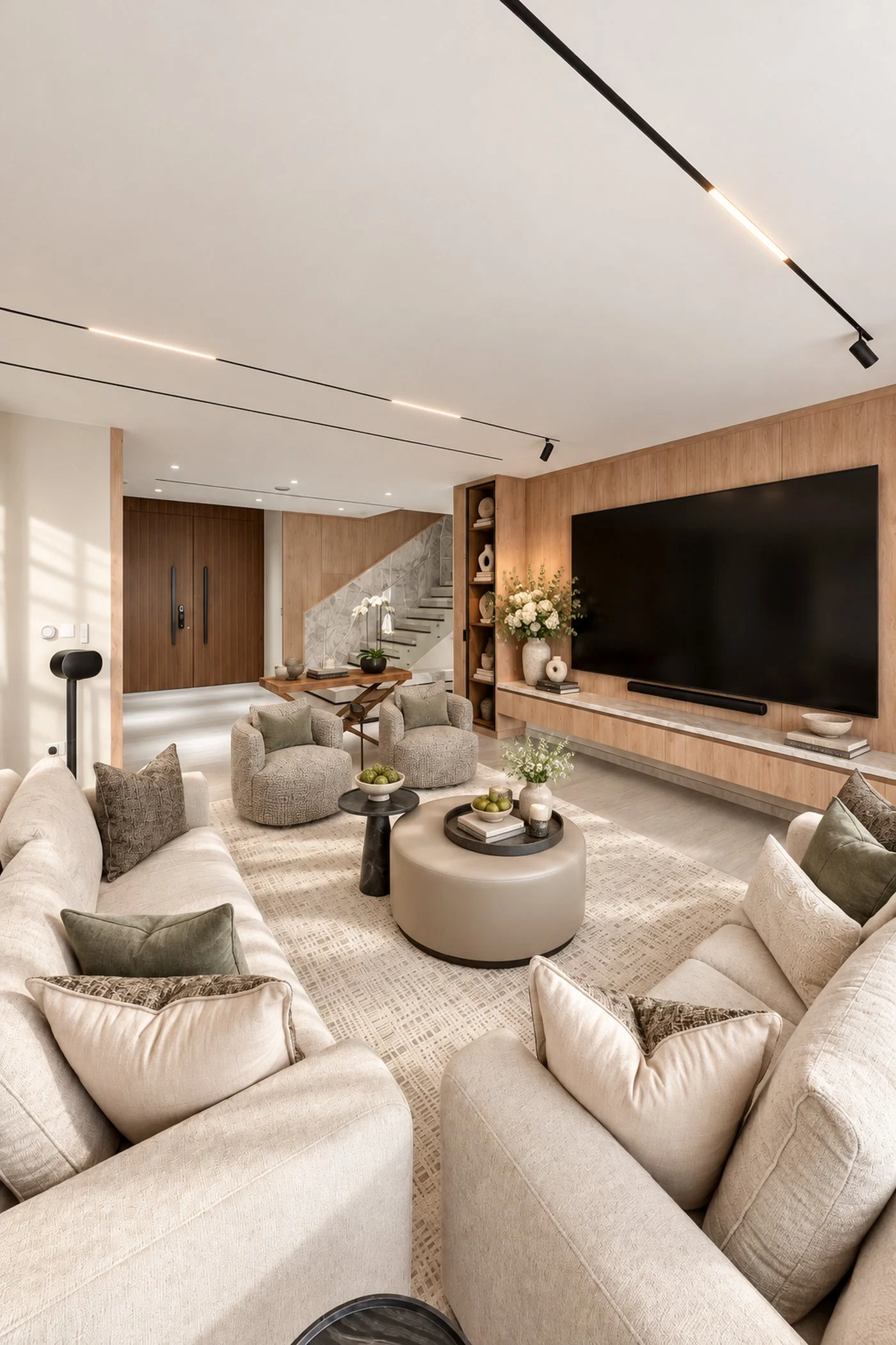 Living room looking towards the walnut entrance doors and the lit staircase, with cream sofas and a track-lit ceiling, in an Al Furjan villa by Tohfa