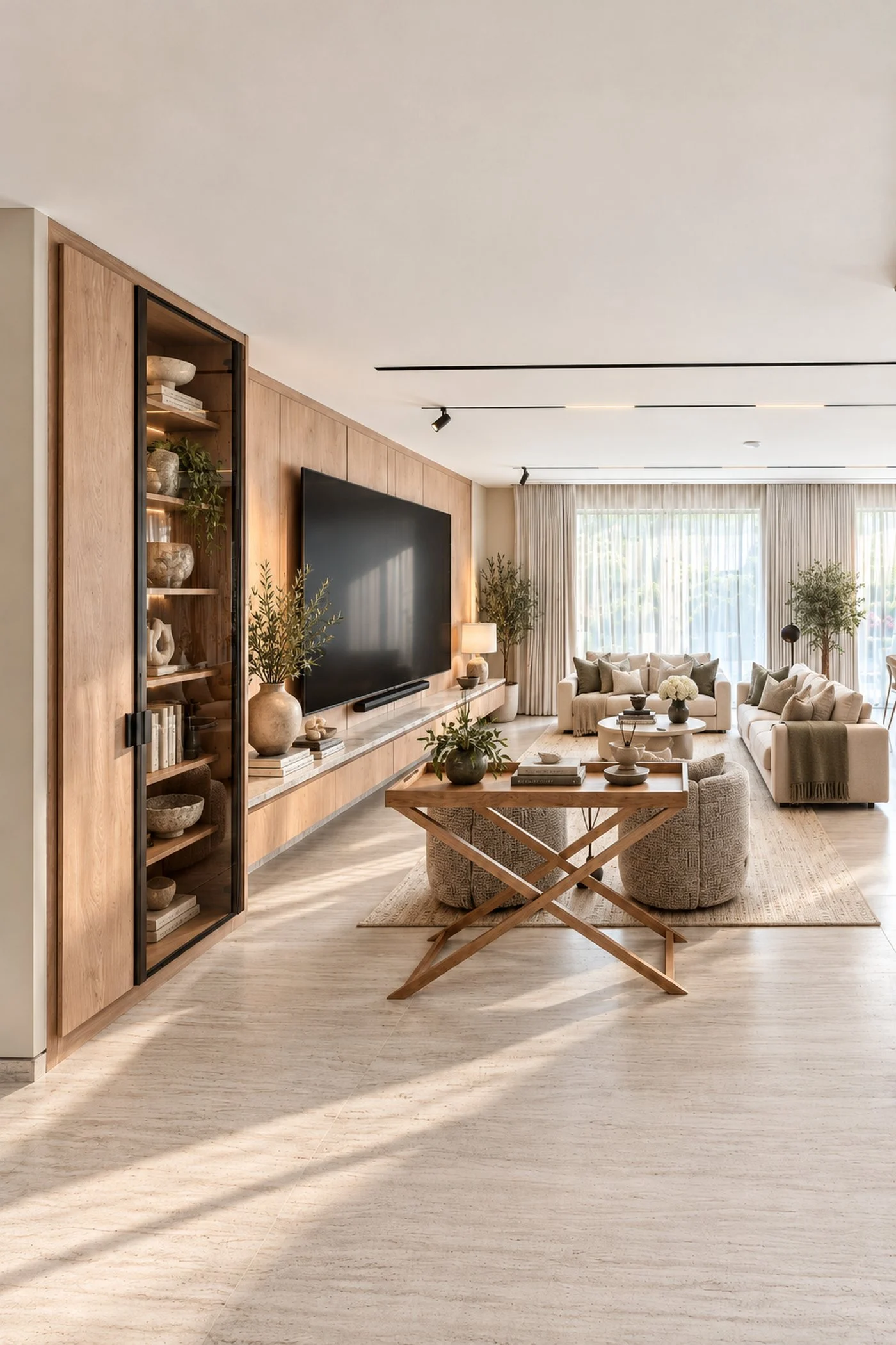 Long oak television wall and a tray table between two sitting areas in the open living room of an Al Furjan villa by Tohfa