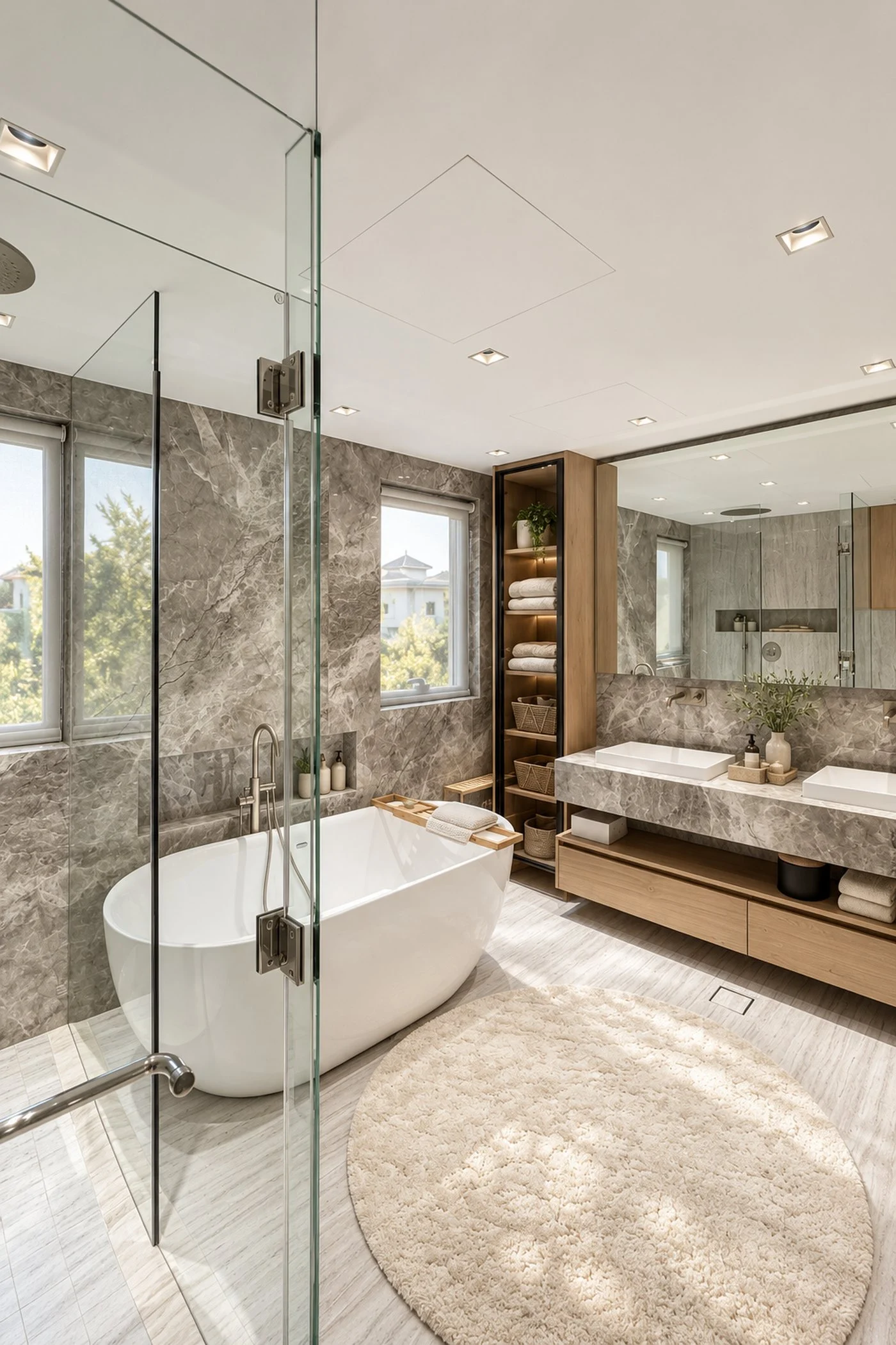 Bathroom with a glass shower, a freestanding bath and a stone double vanity over oak drawers in an Al Furjan villa by Tohfa