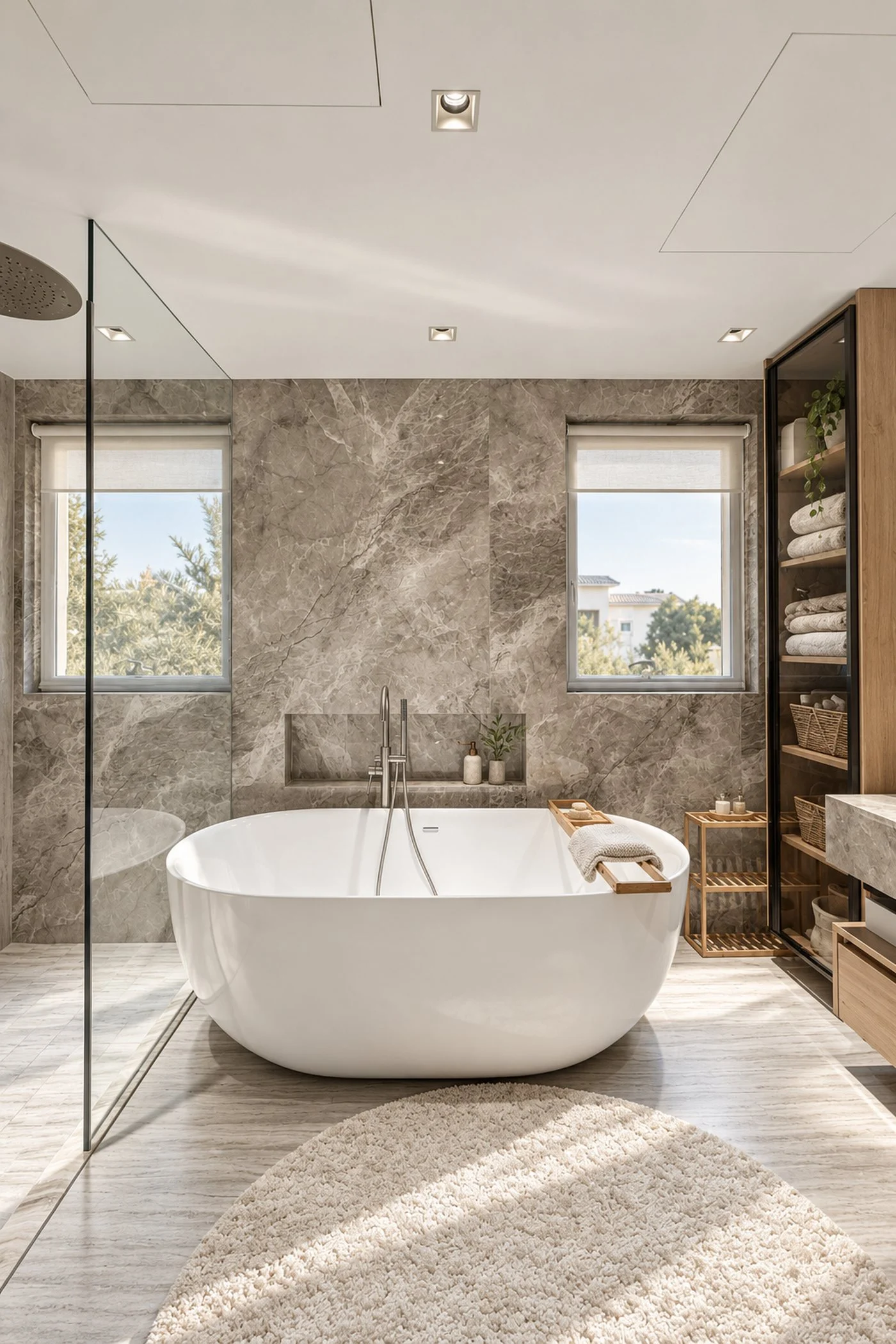 Bathroom with a freestanding bath between two windows, grey stone walls and an oak towel cabinet in an Al Furjan villa by Tohfa