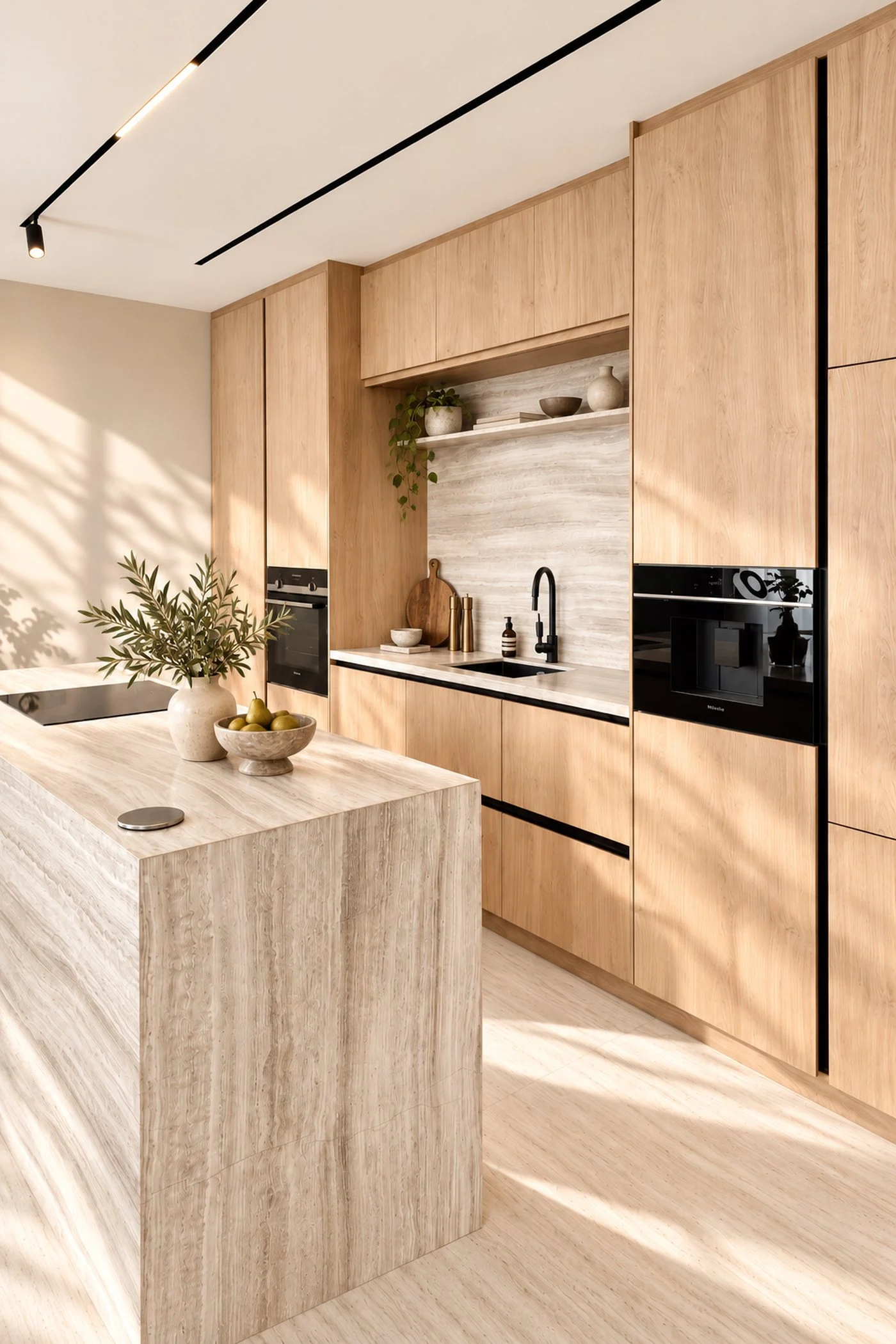 Open show kitchen with oak cabinets to the ceiling, a travertine island and built-in appliances in an Al Furjan villa designed by Tohfa