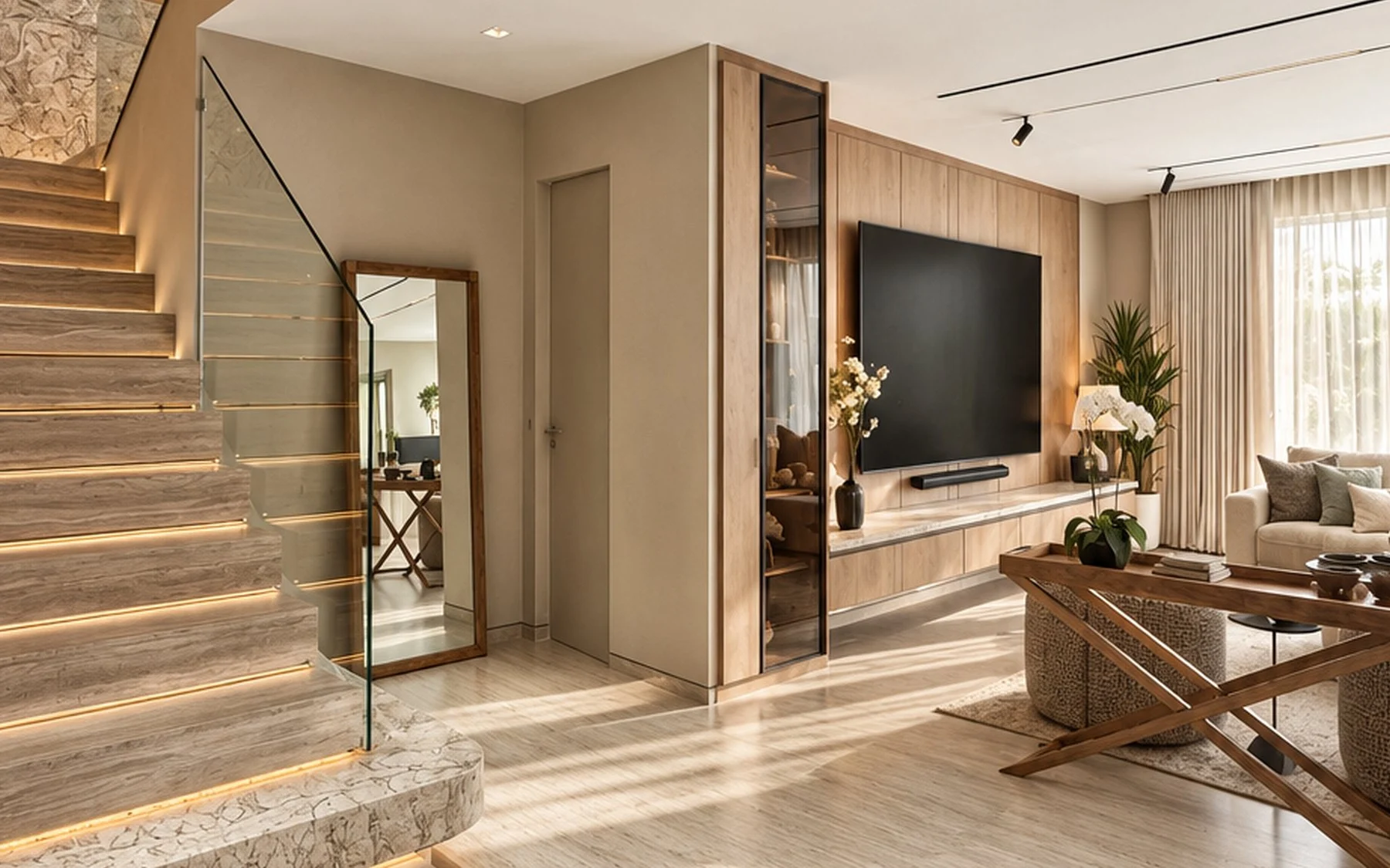 Lit travertine staircase with a veined stone plinth beside the open living room and oak media wall in an Al Furjan villa designed by Tohfa