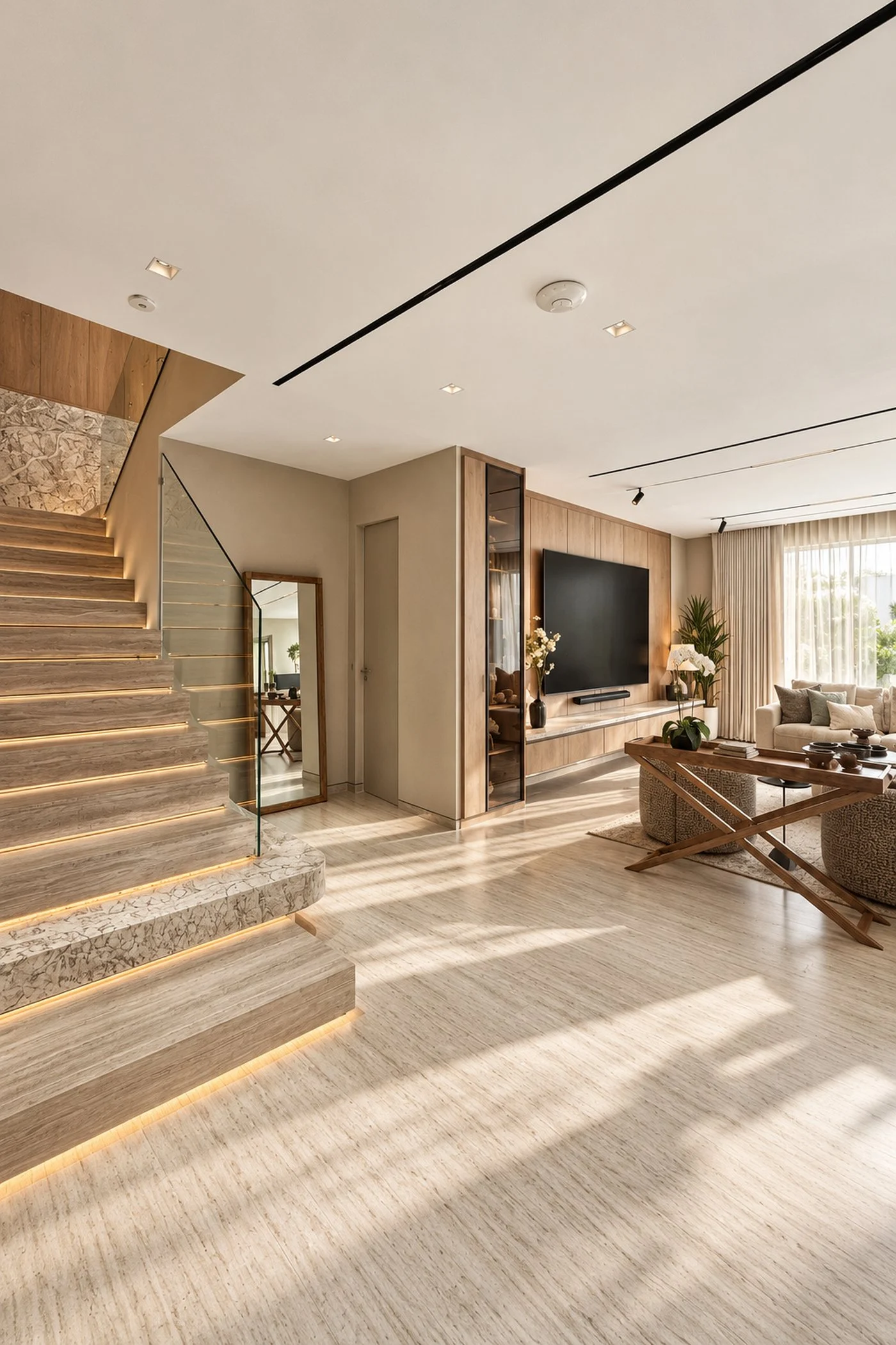 Lit staircase with a veined stone plinth seen from the living room, with a tall mirror and the oak media wall beyond, in an Al Furjan villa by Tohfa