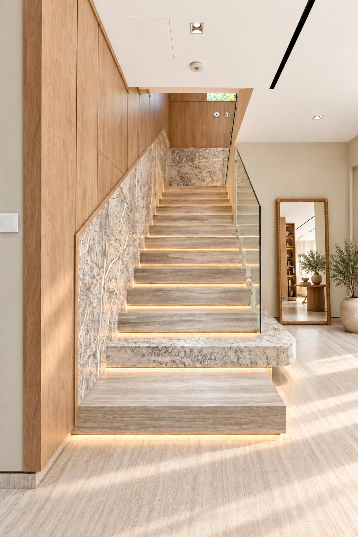 Staircase with lit travertine treads, a veined stone feature wall and a glass balustrade in an Al Furjan villa by Tohfa