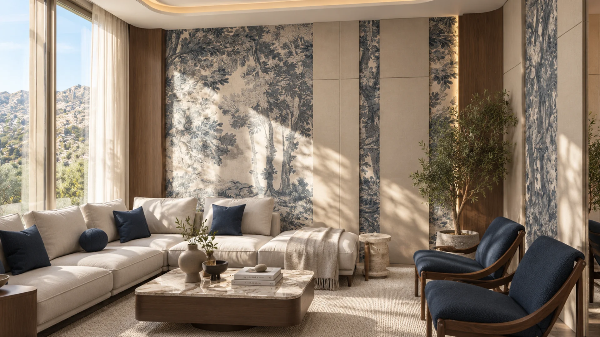 Villa interior in Dubai with an open living and dining plan, design visualisation by Tohfa