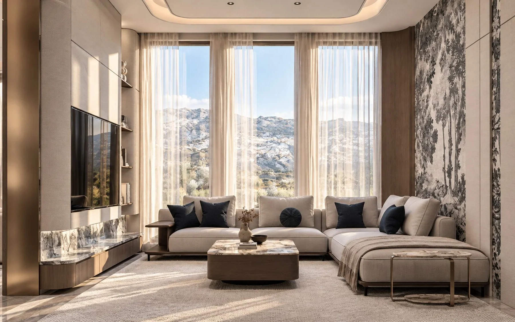 Family living room with tall windows to the mountains, a corner sofa and a tree mural in a Hatta villa designed by Tohfa