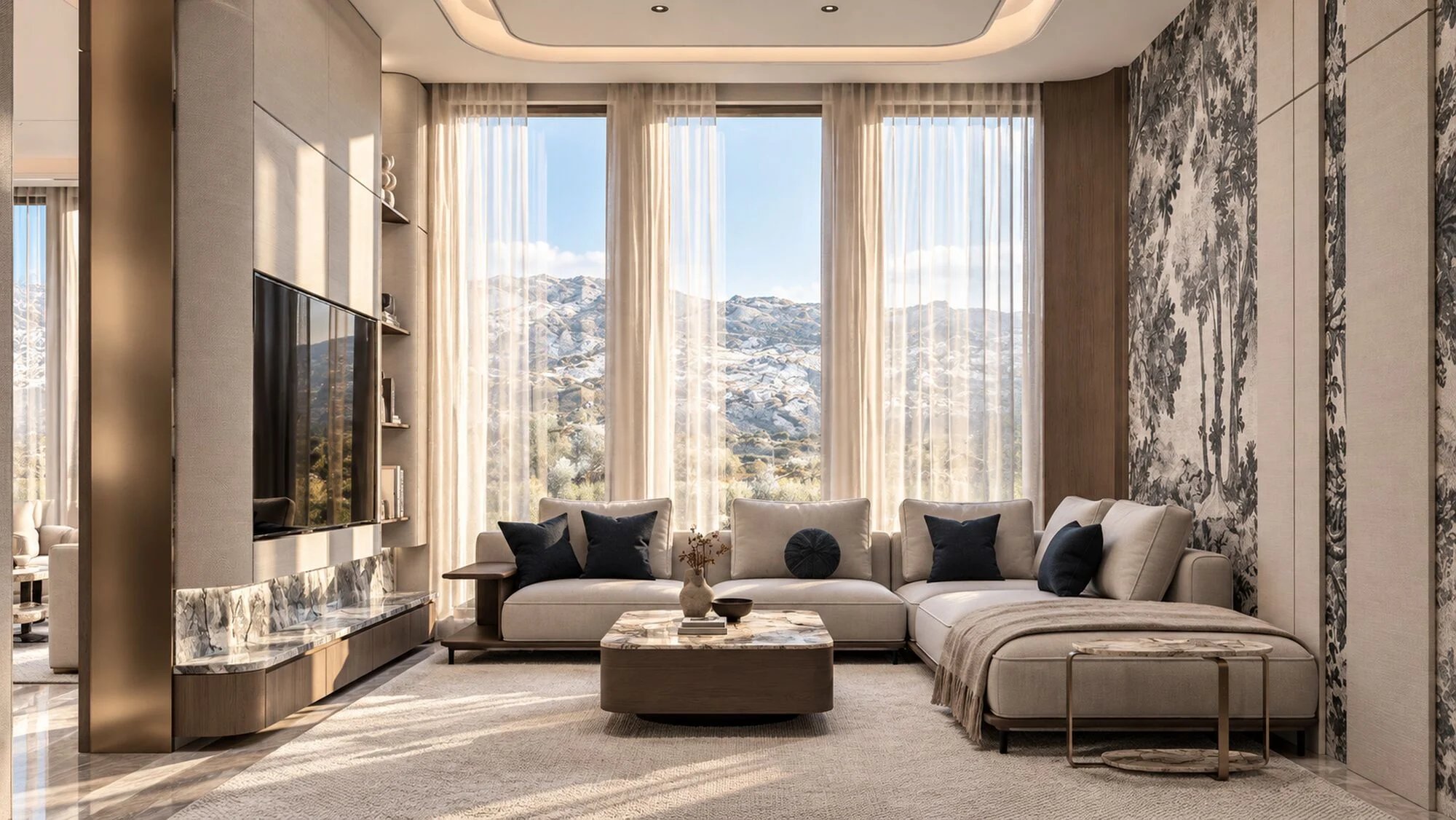 Family living room with tall windows to the mountains, a corner sofa and a tree mural in a Hatta villa designed by Tohfa