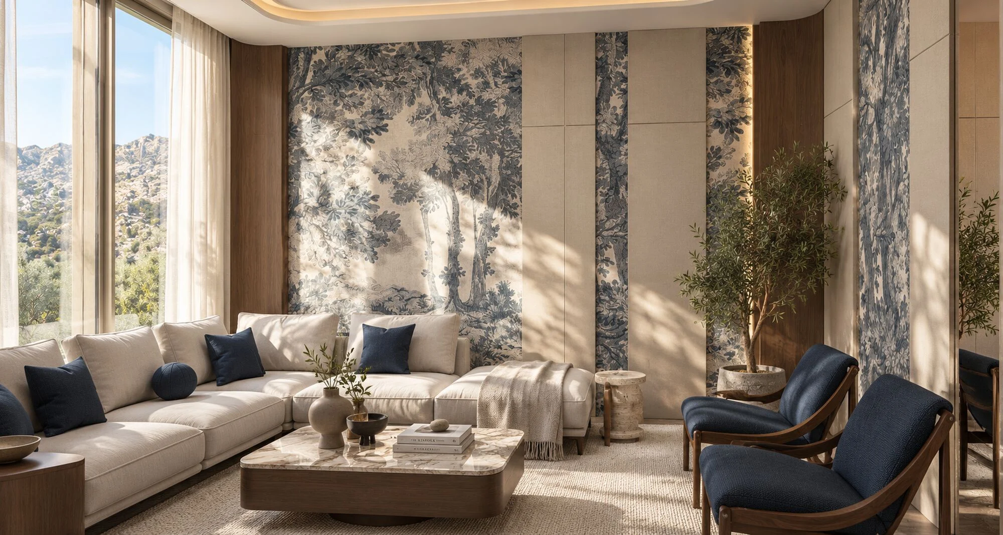 Family living room with a blue tree mural, navy lounge chairs and a corner sofa in a Hatta villa by Tohfa