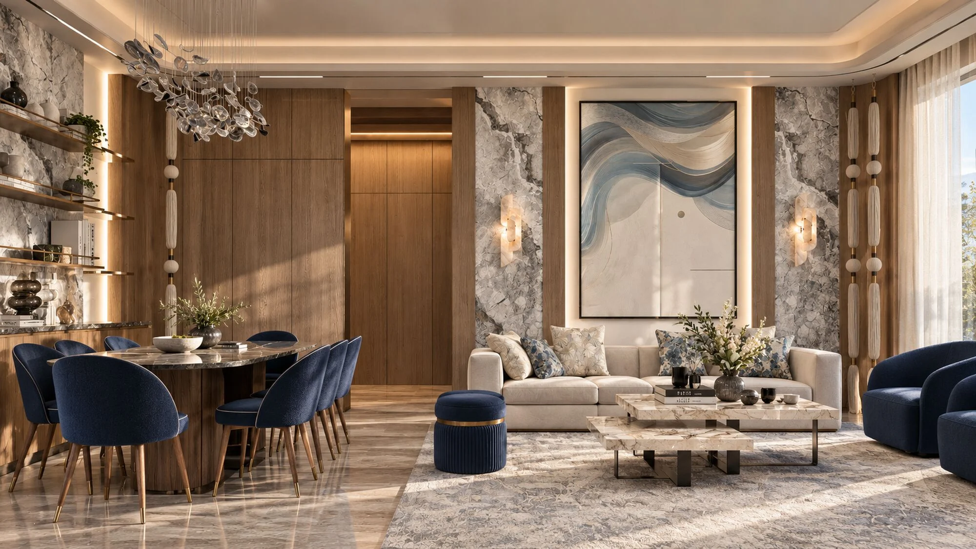 Formal living and dining room with navy chairs, veined stone walls and walnut panelling in a Hatta villa by Tohfa