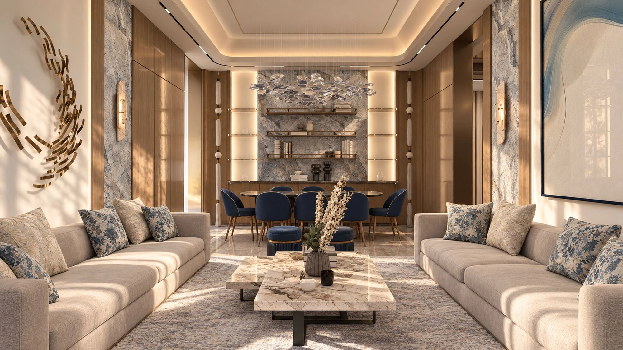 View down the formal living room to the dining area, with paired sofas and a stone coffee table, in a Hatta villa