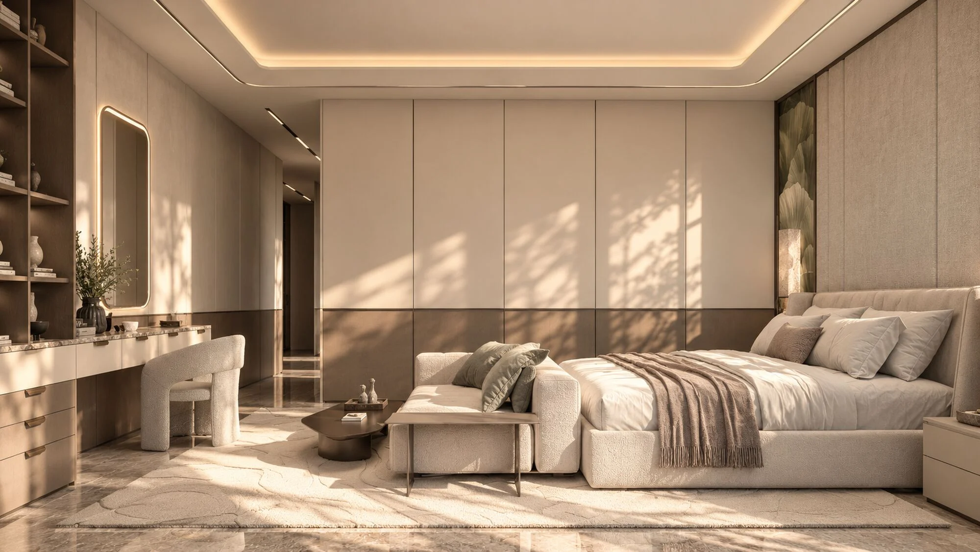Master bedroom with a dressing counter, lit mirror and full-height wardrobes in a Hatta villa