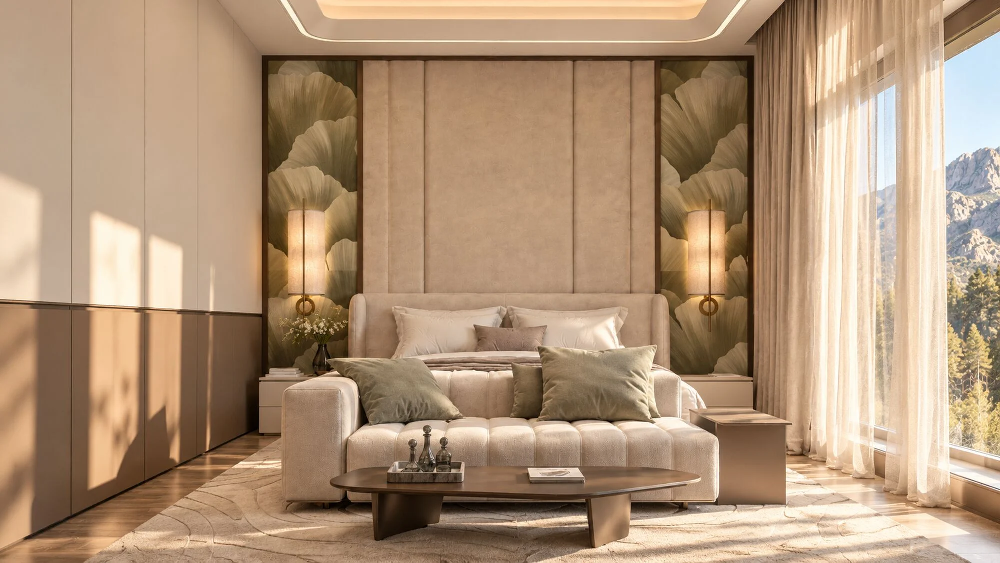 Master bedroom with a padded headboard wall between ginkgo-leaf panels and brass wall lights in a Hatta villa by Tohfa