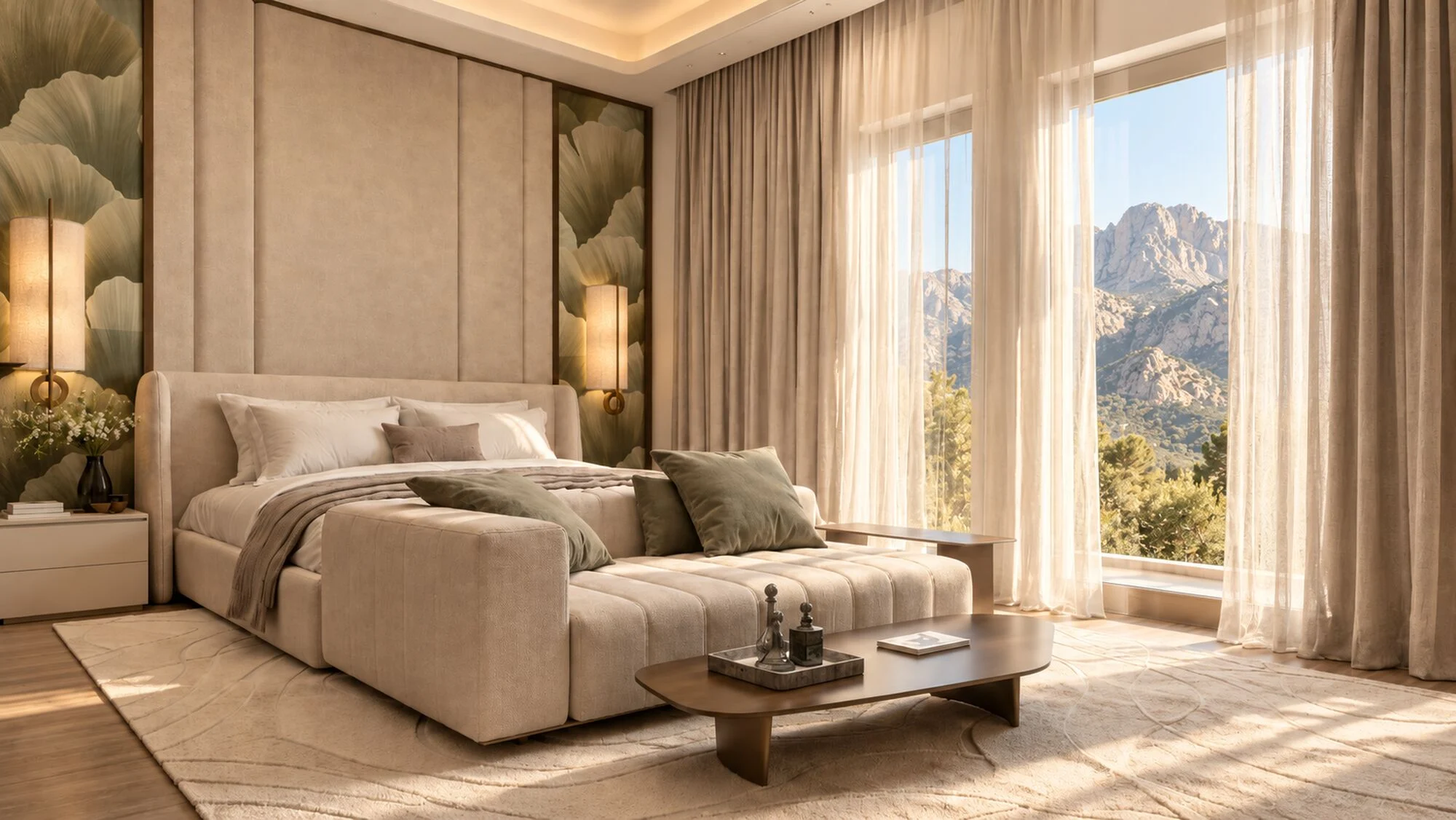 Master bedroom with a mountain view through sheer curtains in a Hatta villa by Tohfa