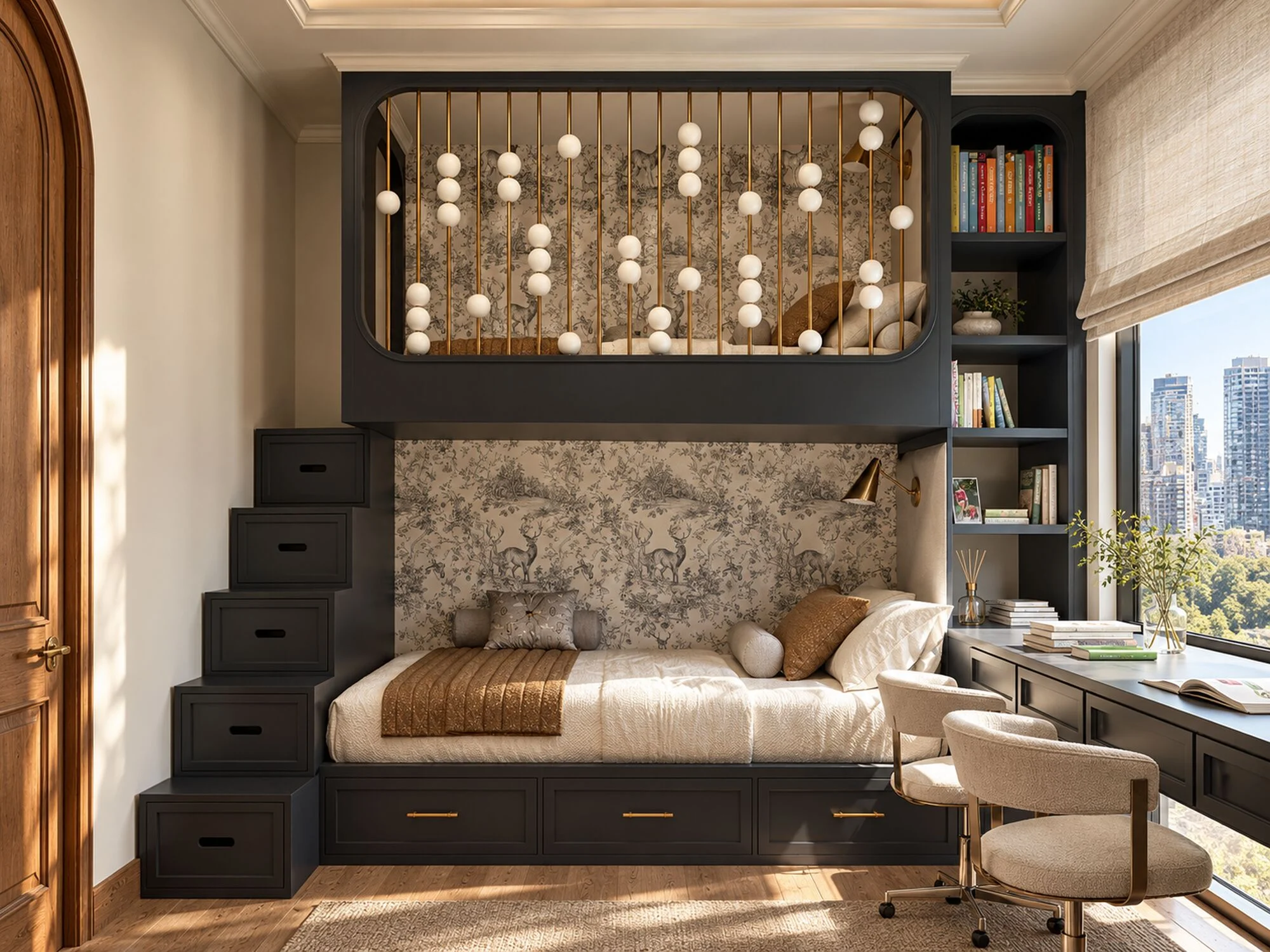 Children's room with a raised bed behind a beaded brass rail, stair drawers and toile wallpaper in an Istanbul apartment by Tohfa