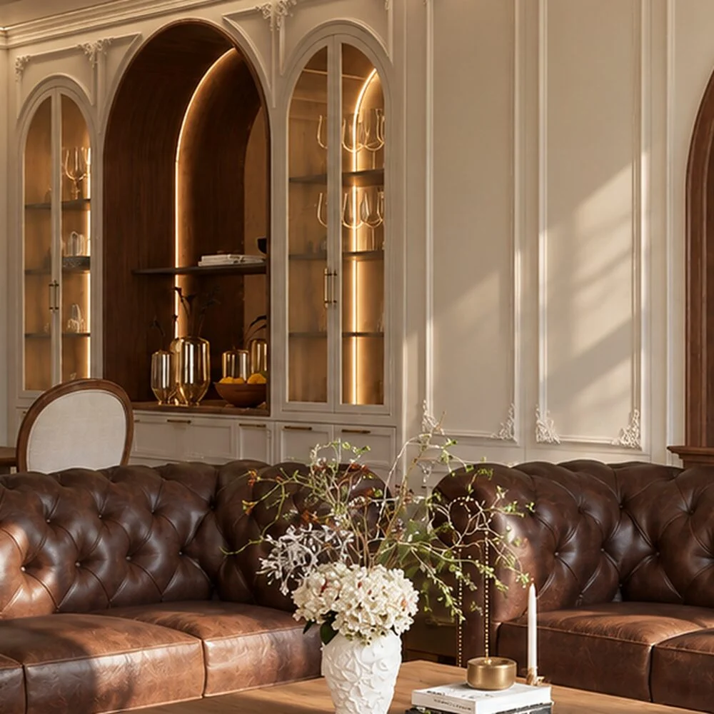 Glass-fronted cabinets and a lit walnut arch in the panelled dining wall of an Istanbul apartment by Tohfa