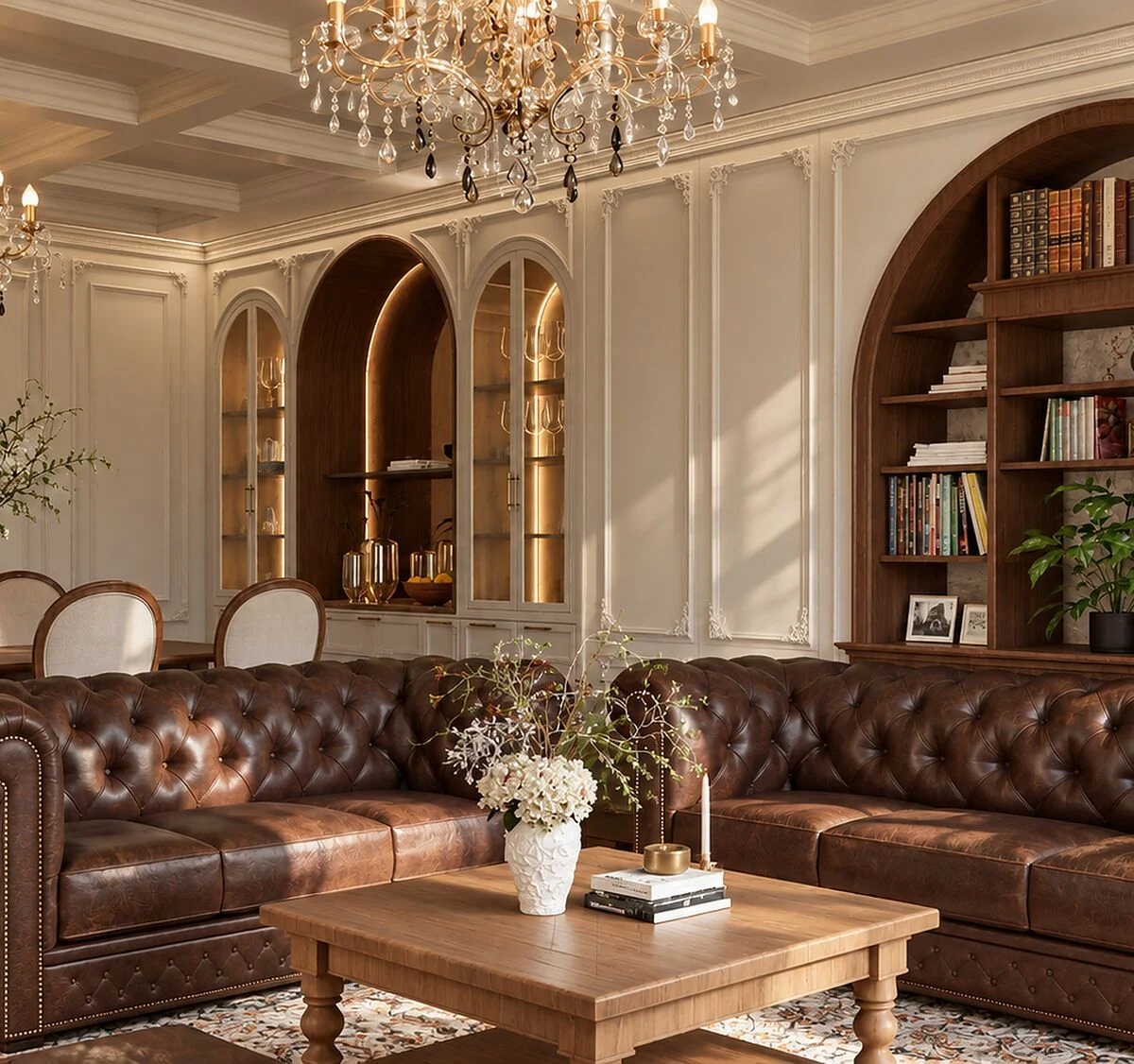 French classic living and dining room with wall panelling, crystal chandeliers, a walnut arched bookcase and leather Chesterfield sofas in an Istanbul apartment designed by Tohfa
