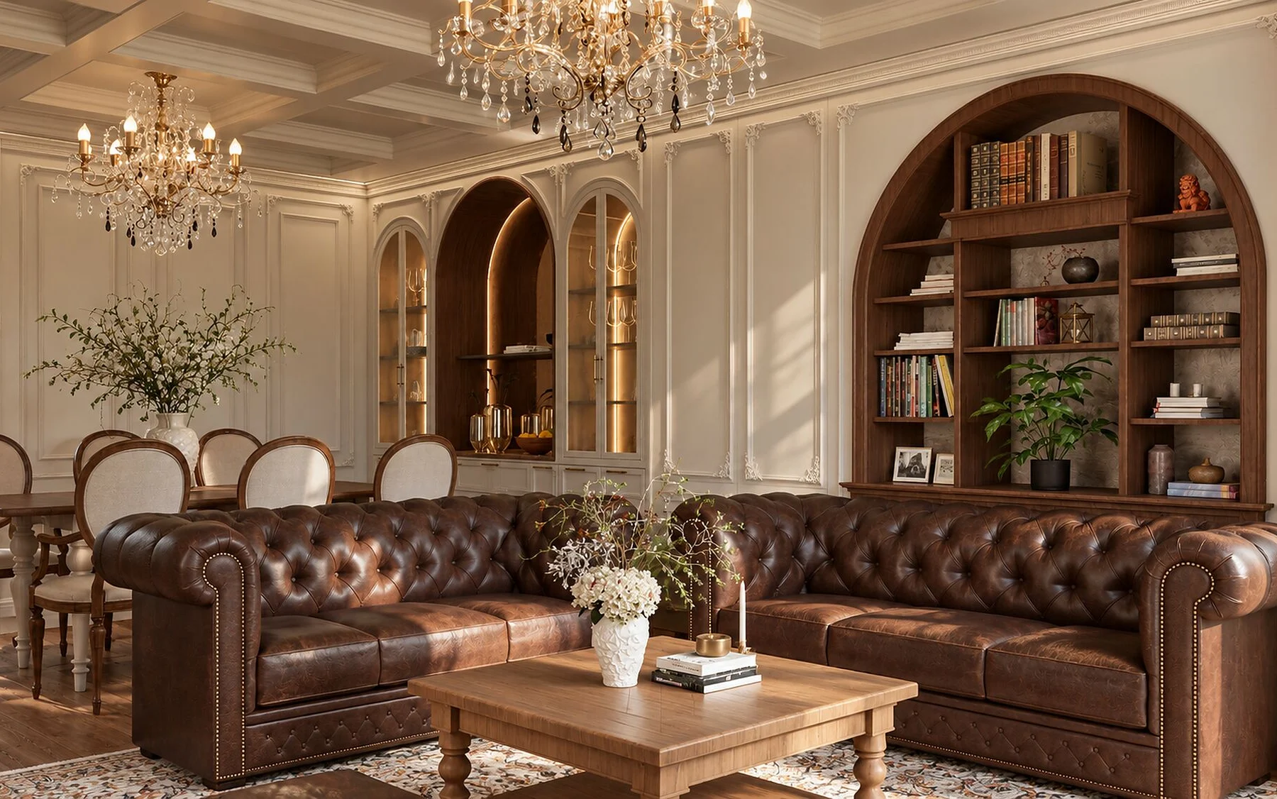 French classic living and dining room with wall panelling, crystal chandeliers, a walnut arched bookcase and leather Chesterfield sofas in an Istanbul apartment designed by Tohfa