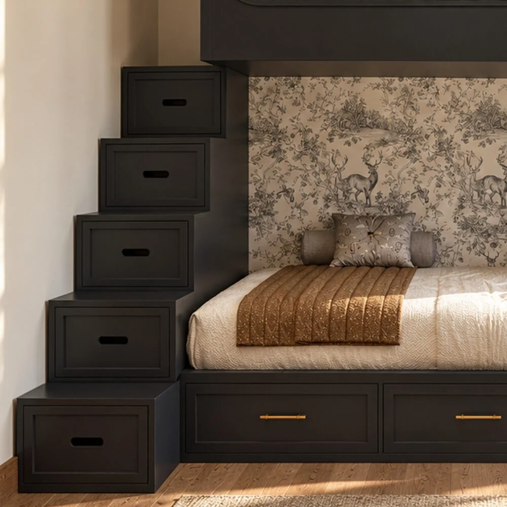 Steps made of drawers leading to a raised bed, with drawers under the lower bed, in an Istanbul apartment by Tohfa