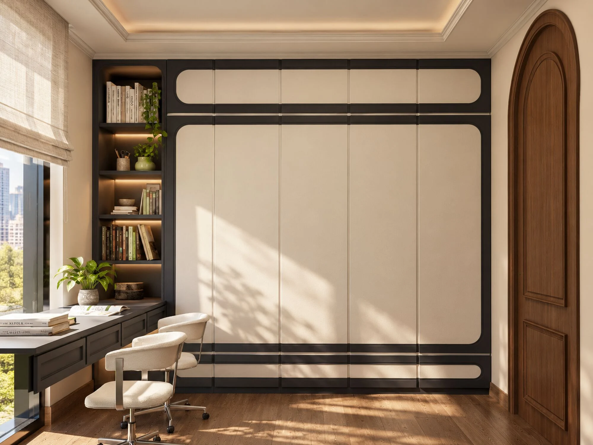 Full-height cream wardrobes with charcoal frames beside lit shelving and an arched walnut door in an Istanbul apartment by Tohfa