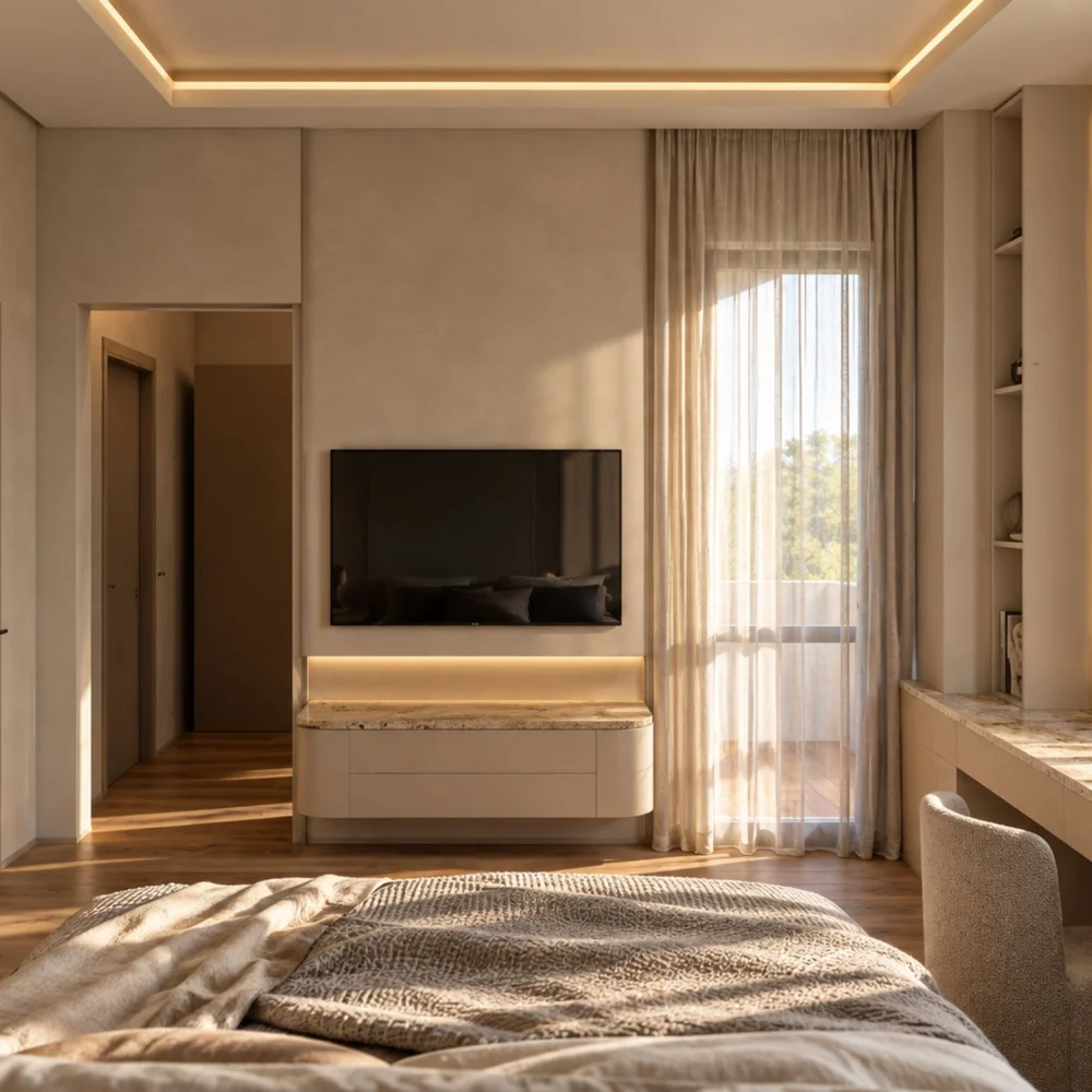 Bedroom television console and travertine ledge continuing into a desk by the window in a Mudon villa