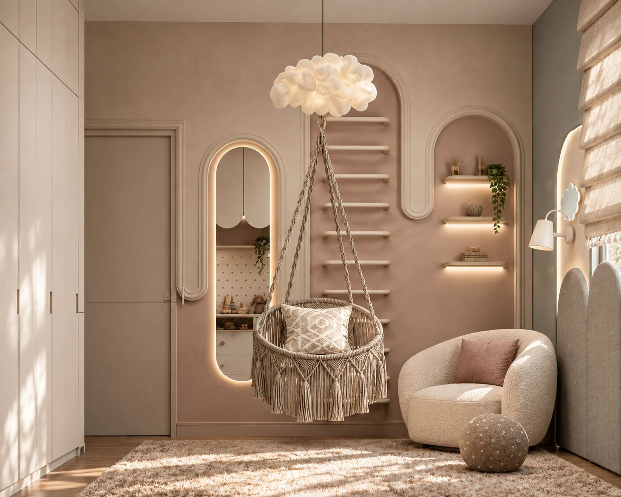 Child's bedroom with a hanging rope chair, climbing rungs and arched shelving in a Mudon villa by Tohfa