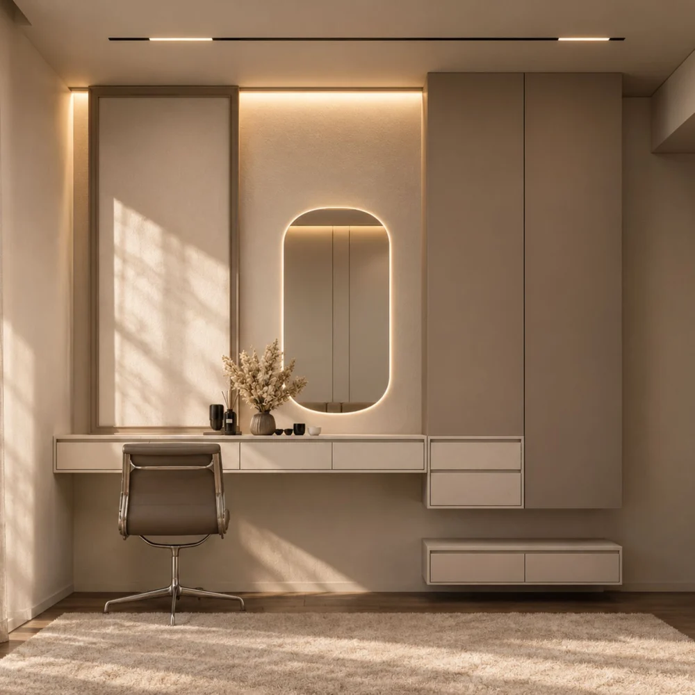 Floating desk with a lit oval mirror and wardrobes in a Mudon villa by Tohfa