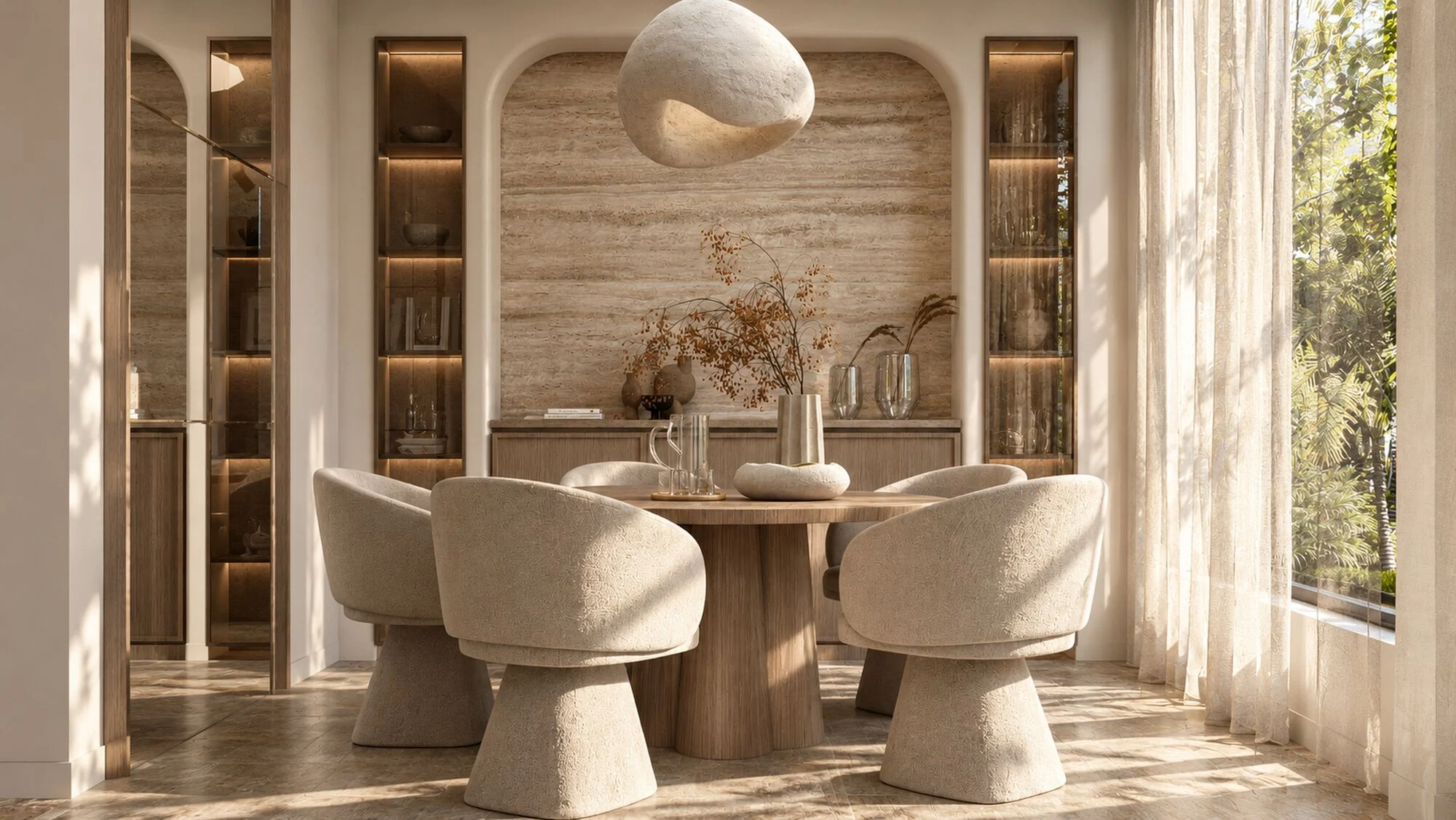 Dining room with a travertine arch wall, round oak table and sculpted pendant in a Mudon villa by Tohfa