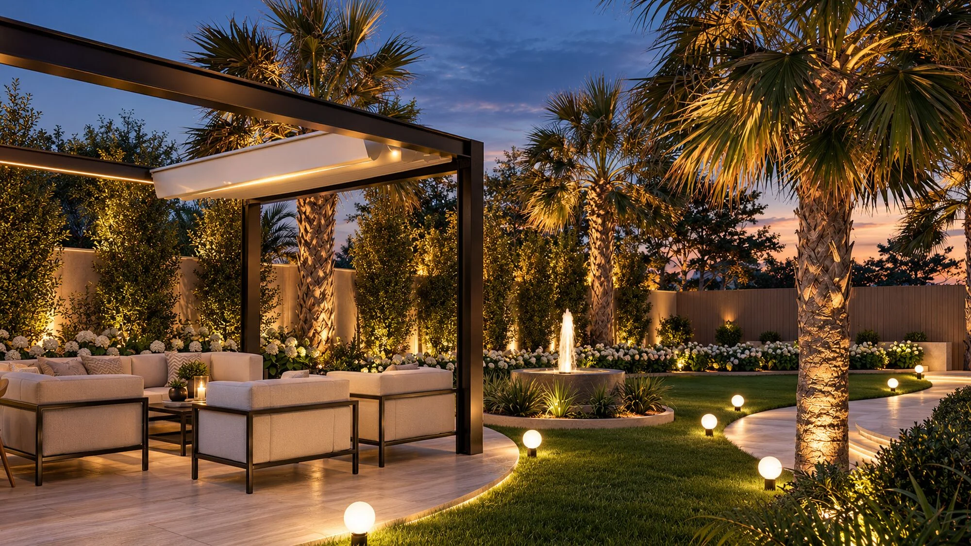 Garden of the Mudon villa at dusk with the pergola lit and a fountain among white hydrangeas