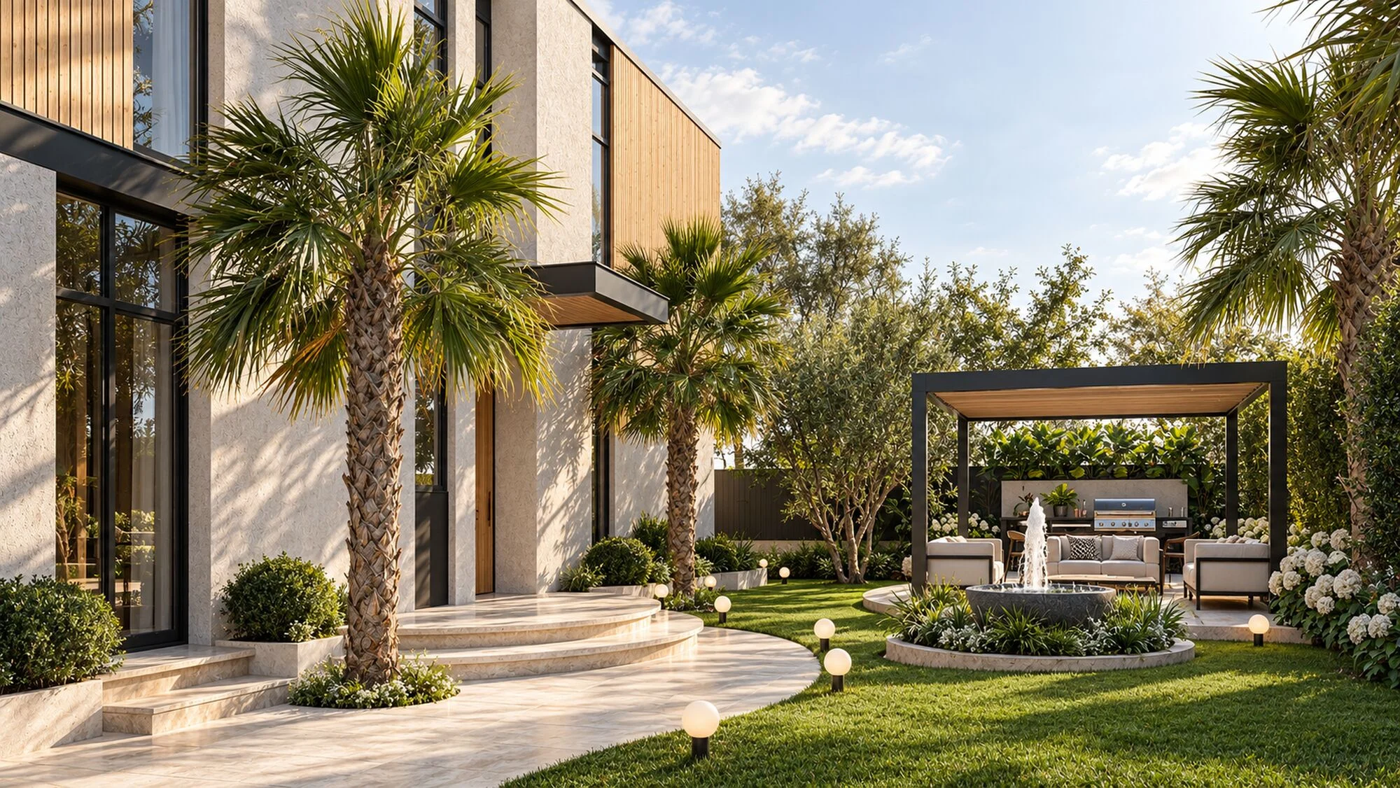 Garden of the Mudon villa by day, with palms, a fountain and a pergola seating area