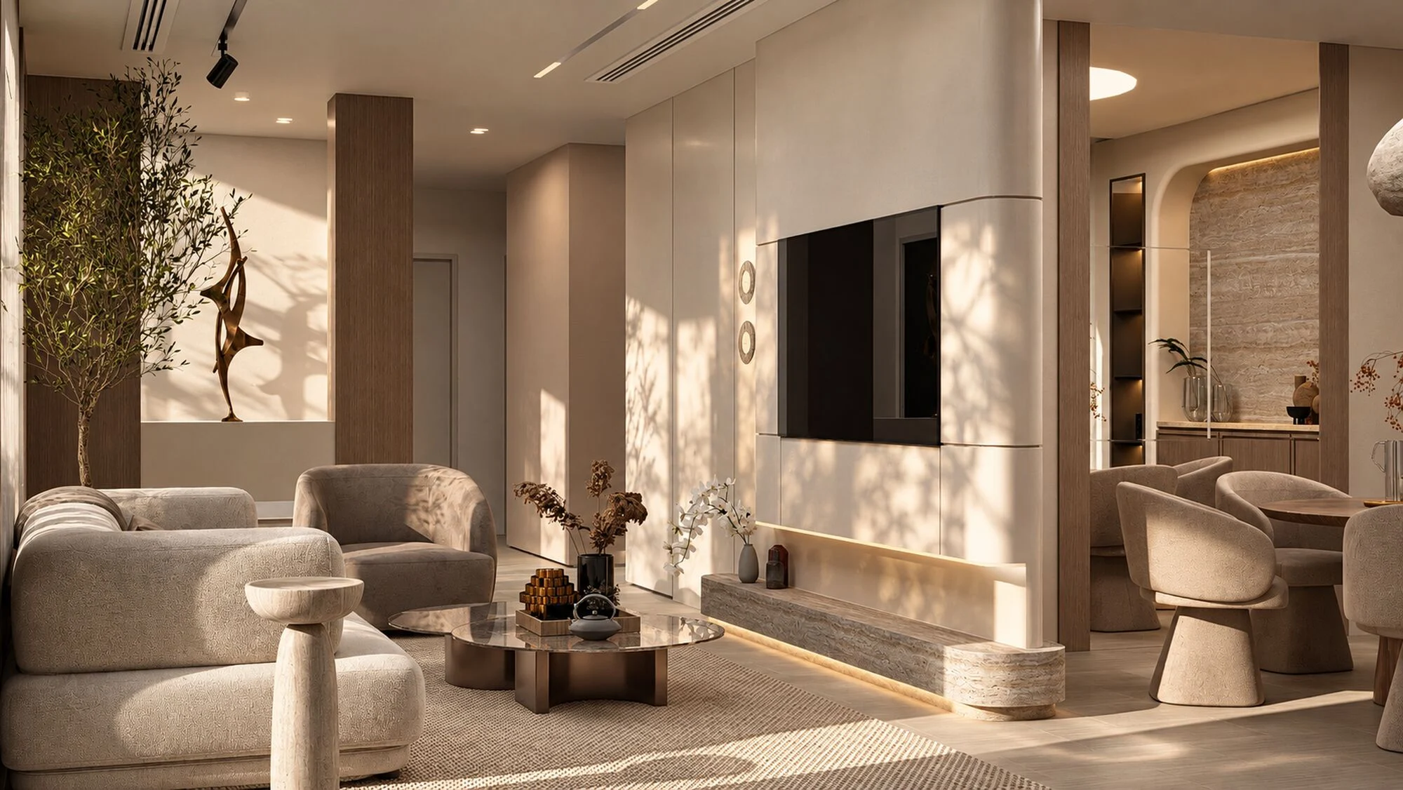 View across the living room of the Mudon villa towards the hall, with an olive tree and a bronze sculpture beyond the columns