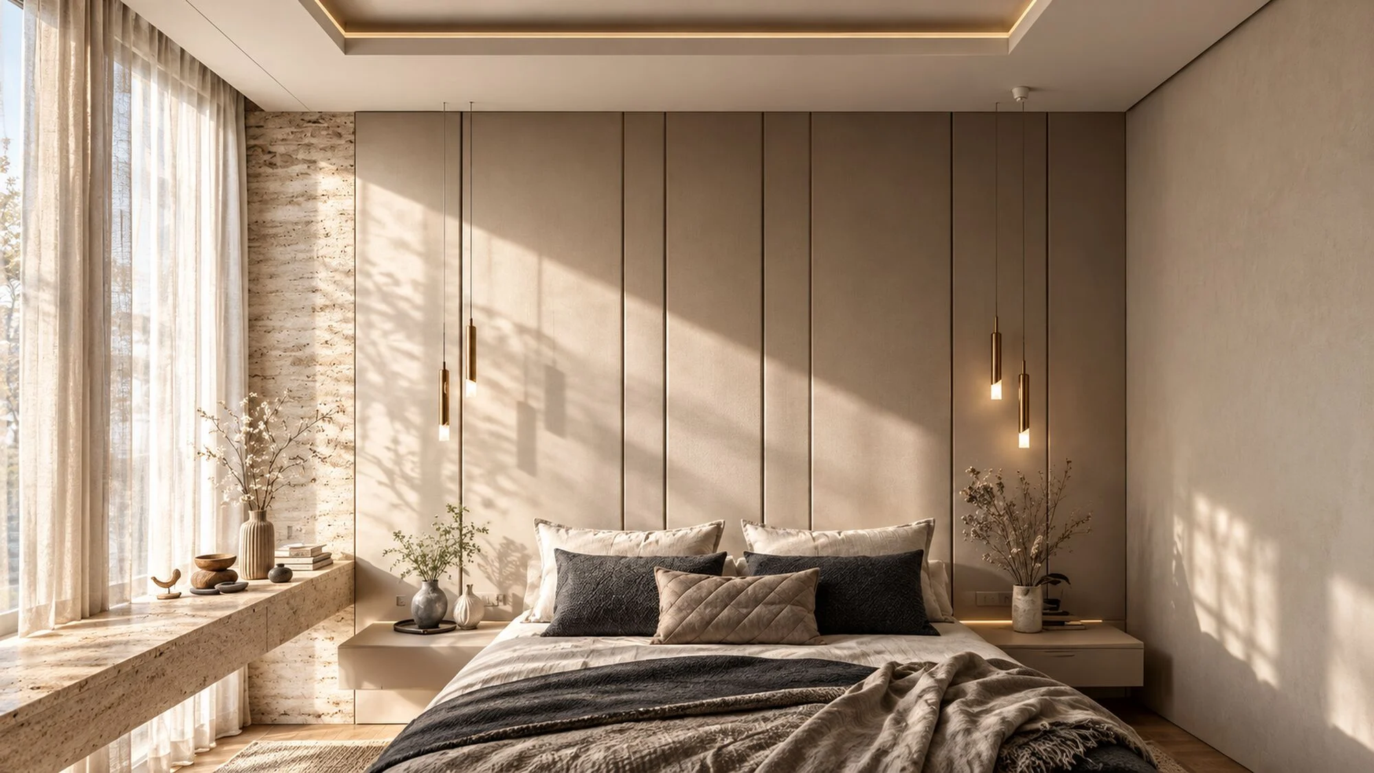 Master bedroom with a panelled headboard wall, brass pendants and a travertine ledge in a Mudon villa by Tohfa