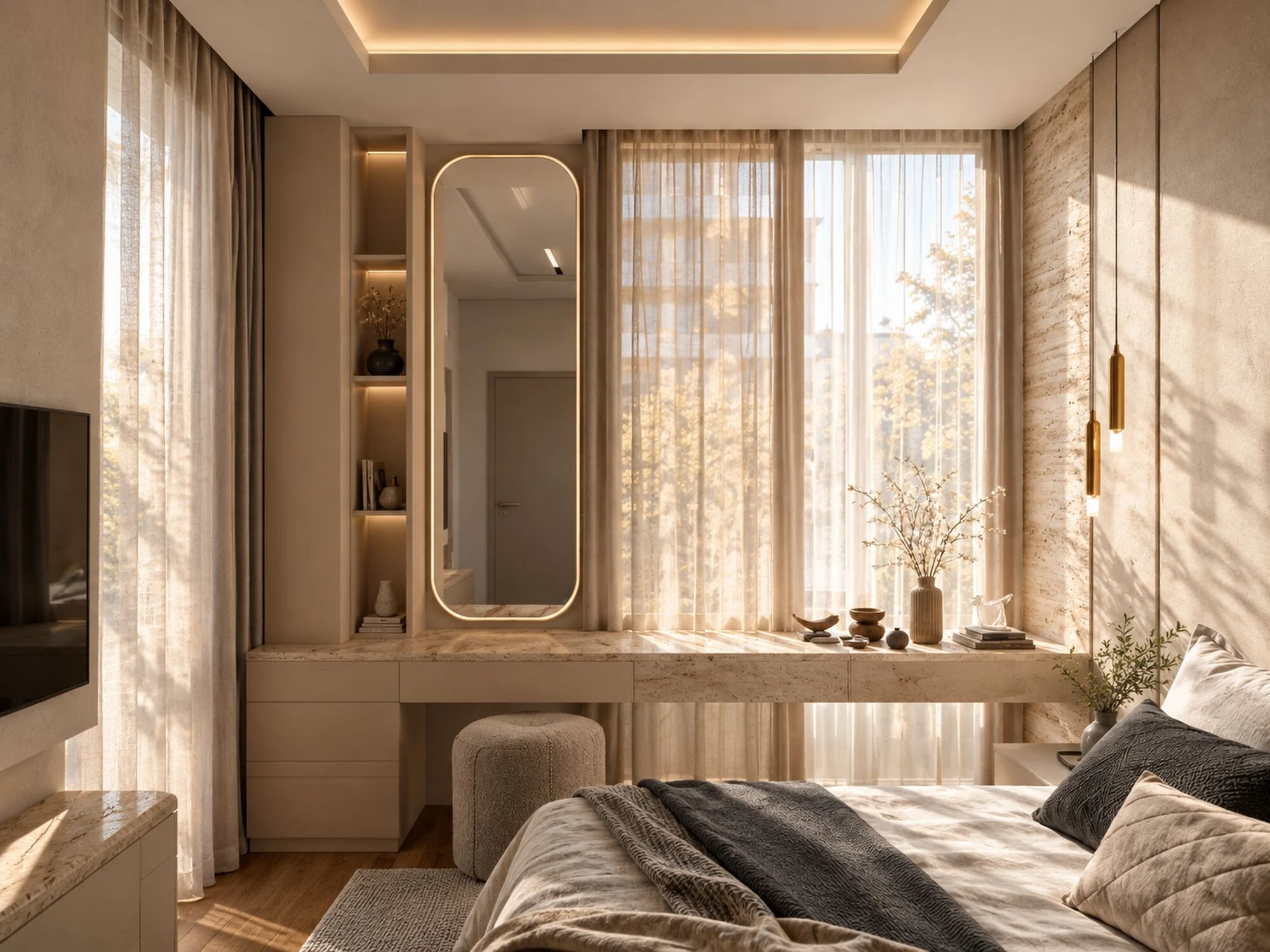 Dressing counter with a lit mirror along the window of the master bedroom in a Mudon villa