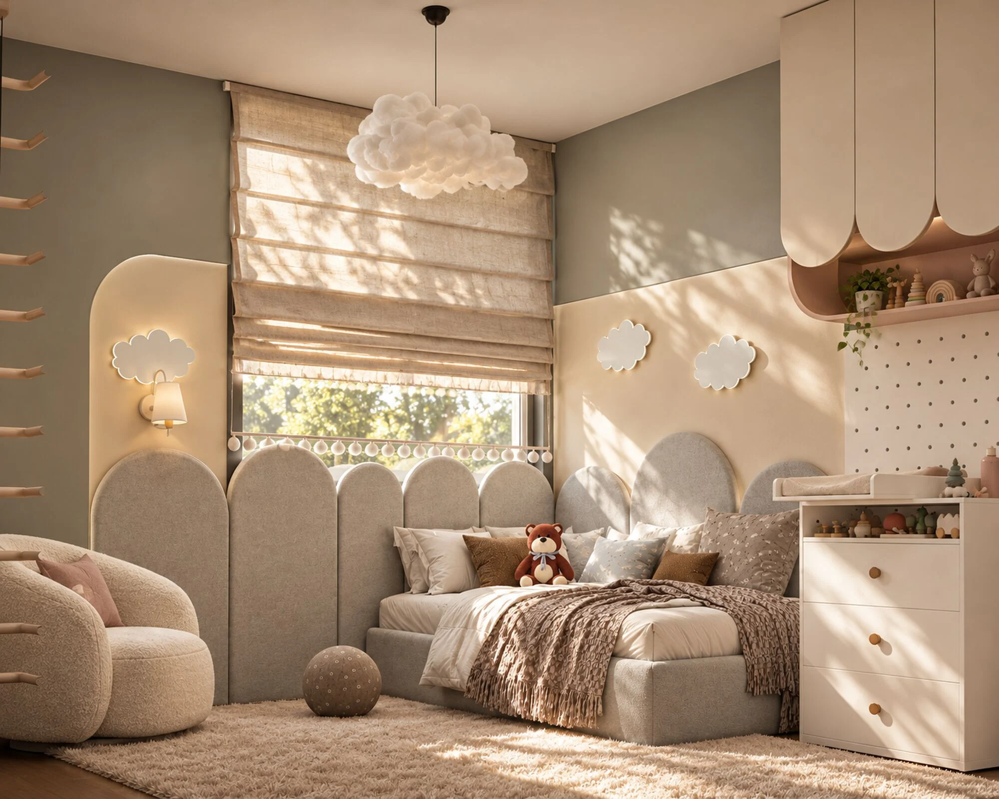 Nursery with a scalloped headboard, cloud pendant and changing table in a Mudon villa by Tohfa