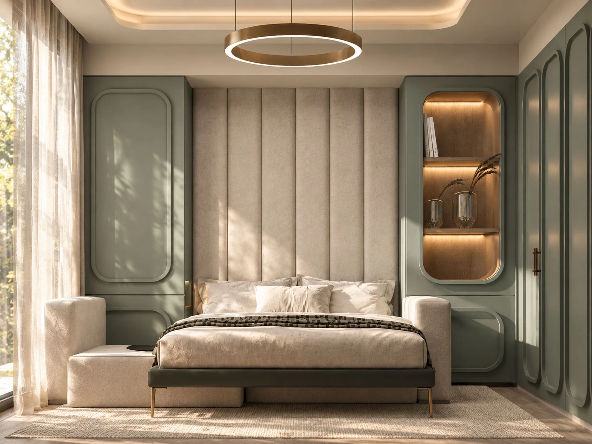Bedroom with sage green cabinetry, a channel-stitched headboard and a brass ring pendant in a Mudon villa by Tohfa