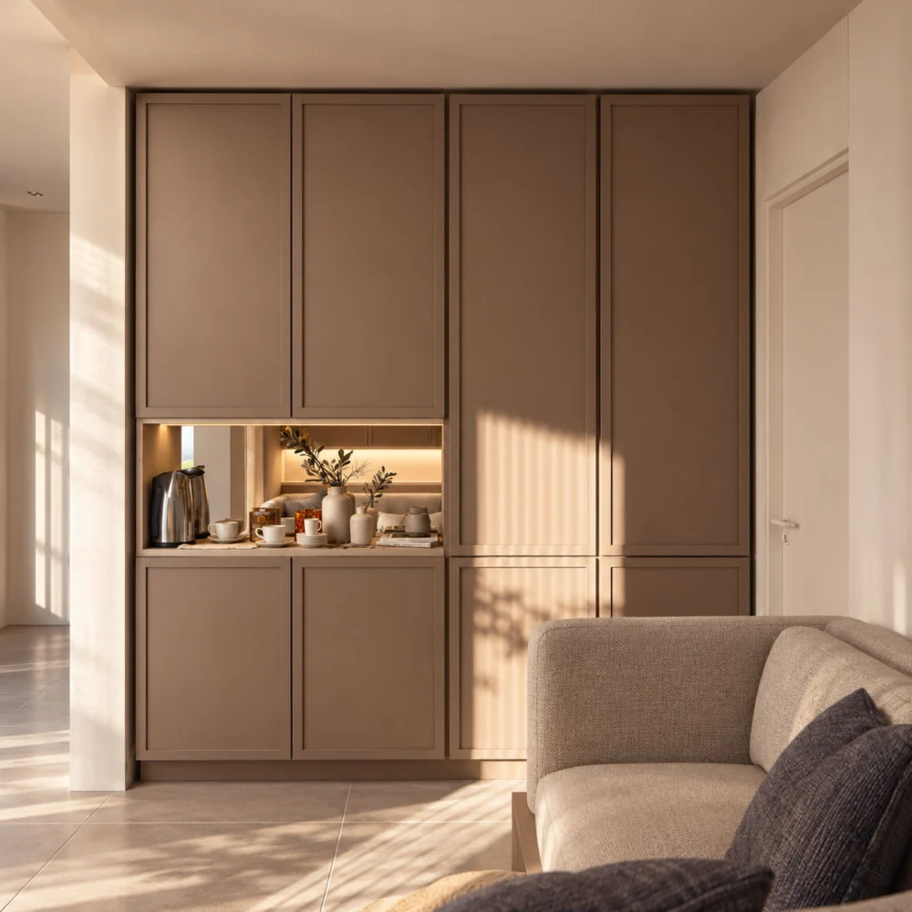 Tea station in a lit recess within taupe cabinetry in a Mudon villa by Tohfa