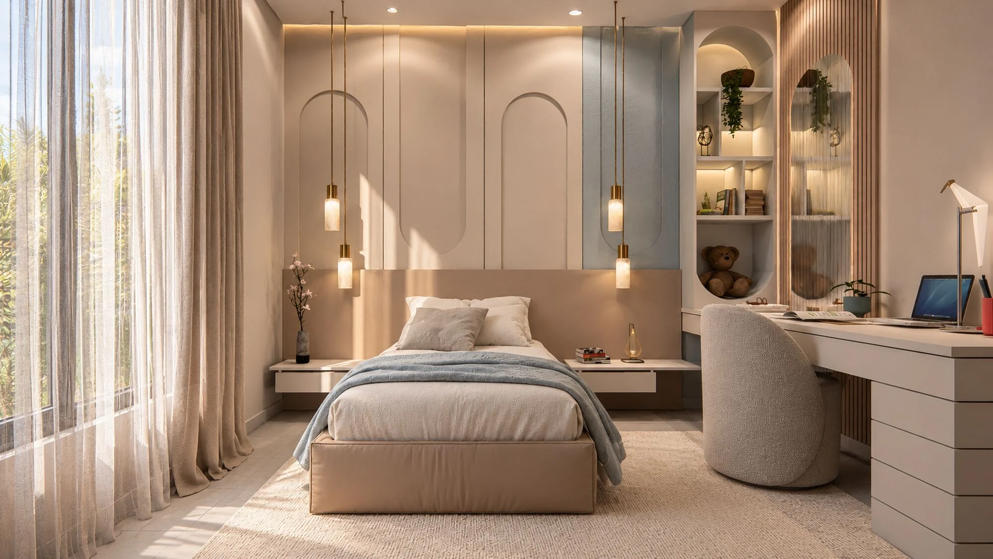 Child's bedroom with a pale blue arched panel, lit niche shelving and a long study desk in a Sharjah townhouse by Tohfa