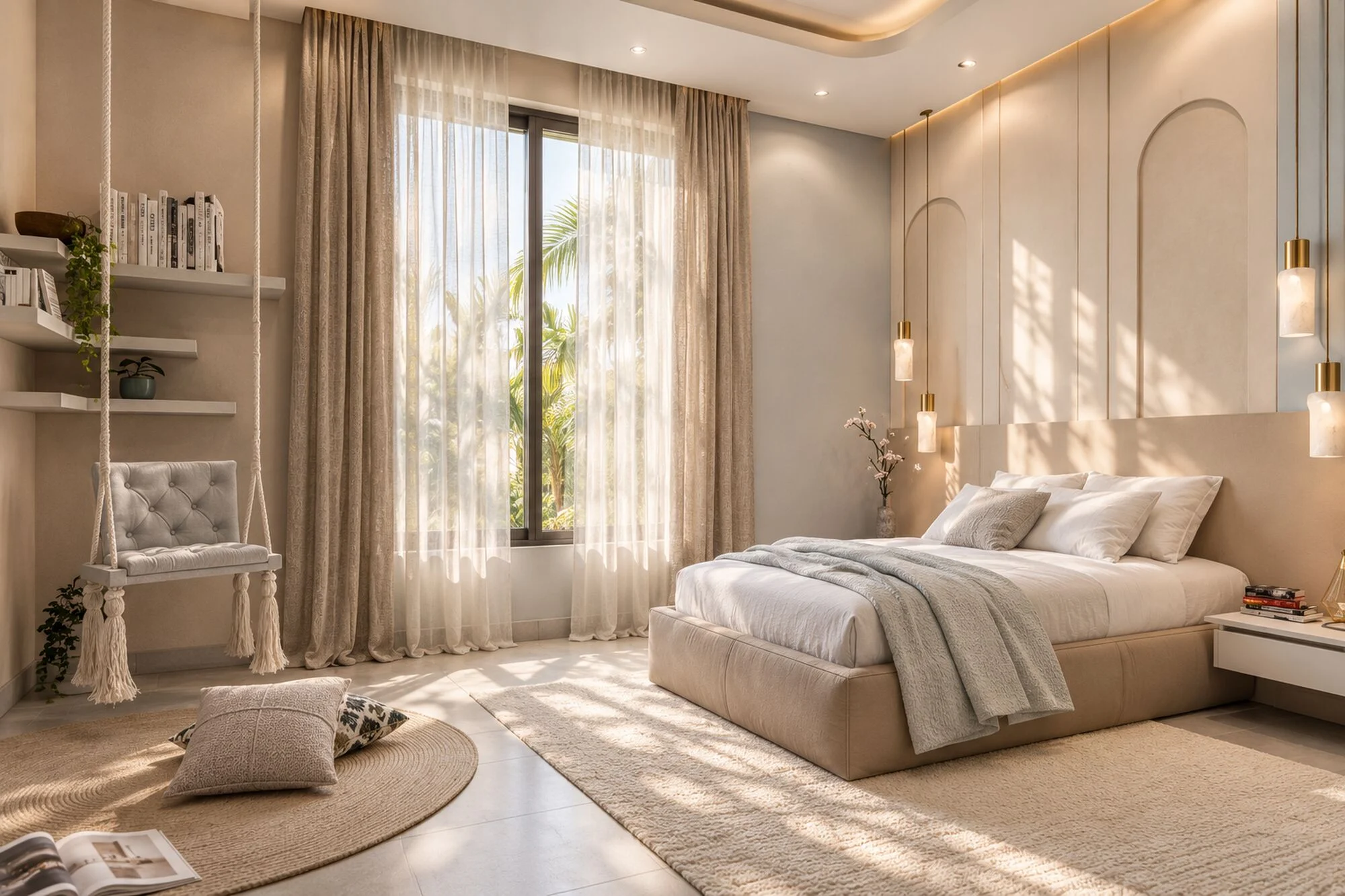 Child's bedroom with a hanging swing seat, floating book shelves and arched wall panels in a Sharjah Sustainable City townhouse by Tohfa