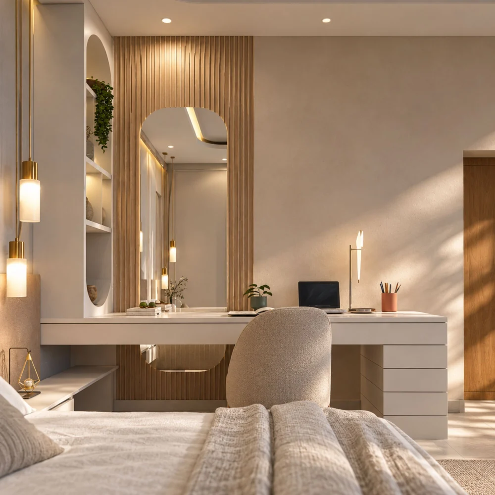 Child's study desk with drawers beside a fluted oak panel and an arched mirror in a Sharjah Sustainable City townhouse