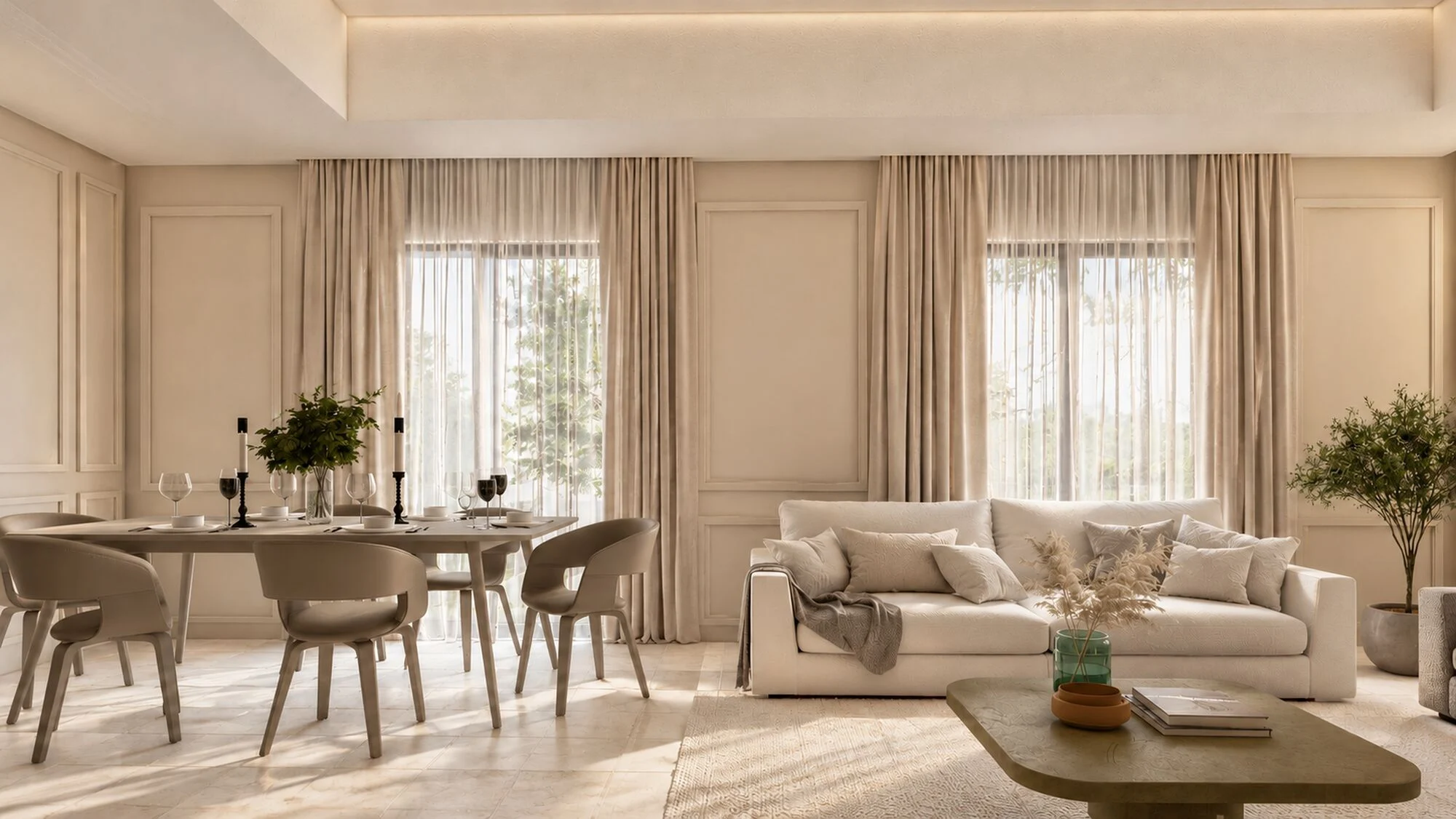 Living and dining room with panelled walls, tall curtains and a cream sofa in a Sharjah Sustainable City townhouse by Tohfa