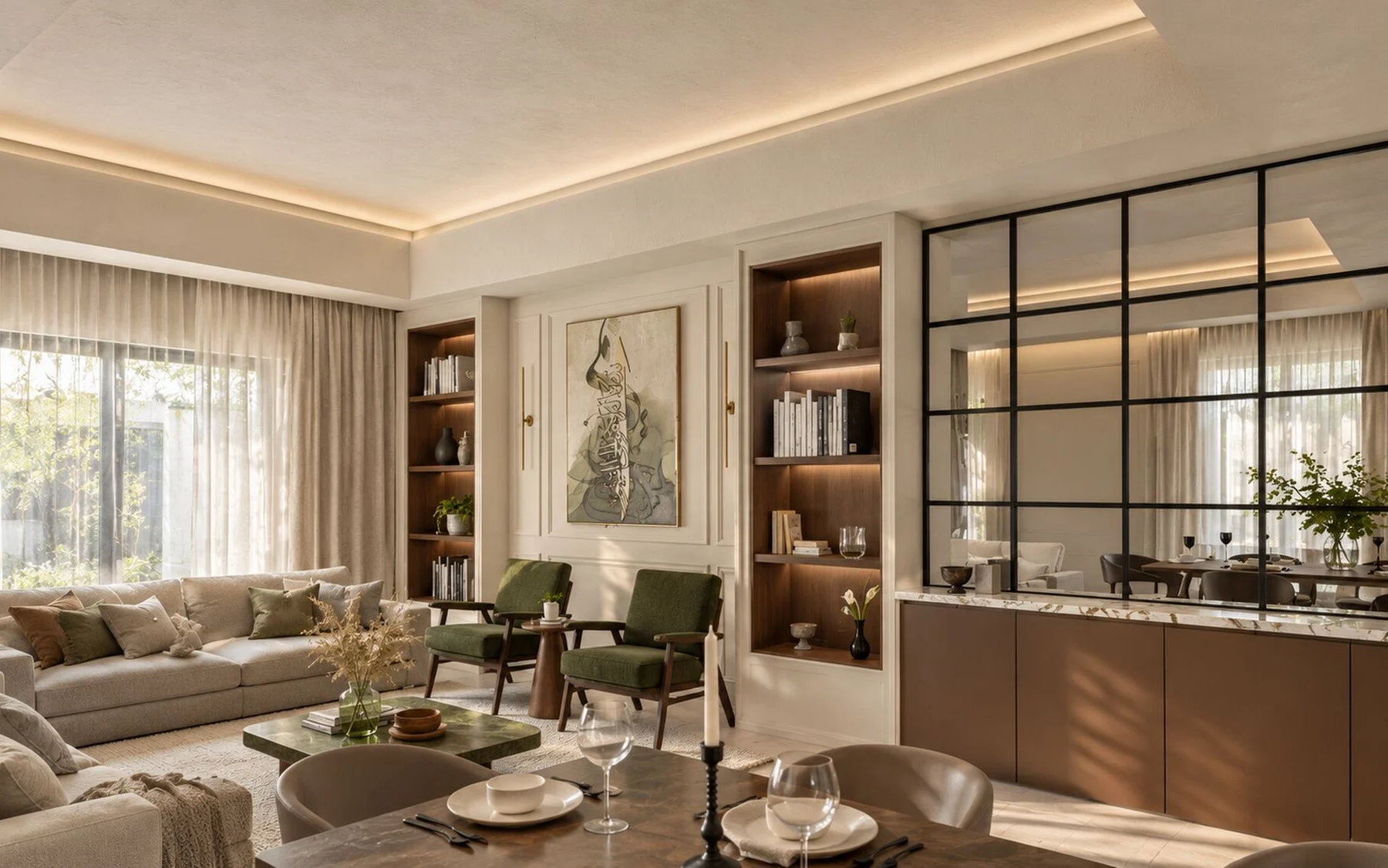 Living room with panelled walls, walnut shelving, a calligraphy artwork and a black-framed mirror wall in a Sharjah Sustainable City townhouse by Tohfa