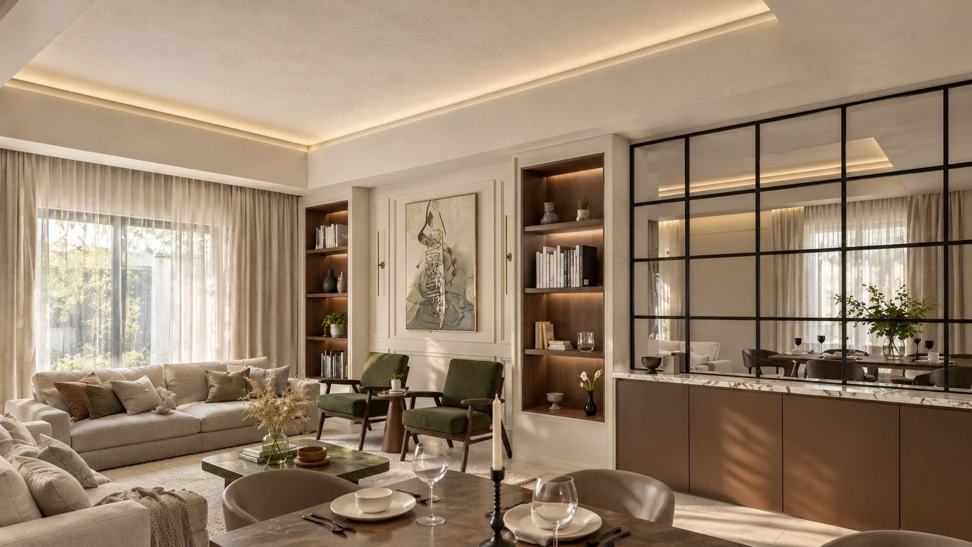 Living room with panelled walls, walnut shelving, a calligraphy artwork and a black-framed mirror wall in a Sharjah Sustainable City townhouse by Tohfa