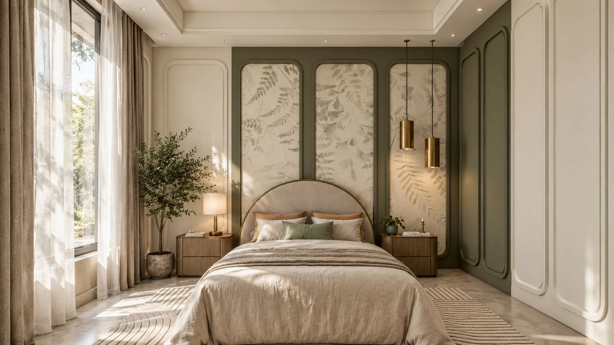Master bedroom with sage green panels, fern-print insets, an arched headboard and brass pendants in a Sharjah Sustainable City townhouse by Tohfa